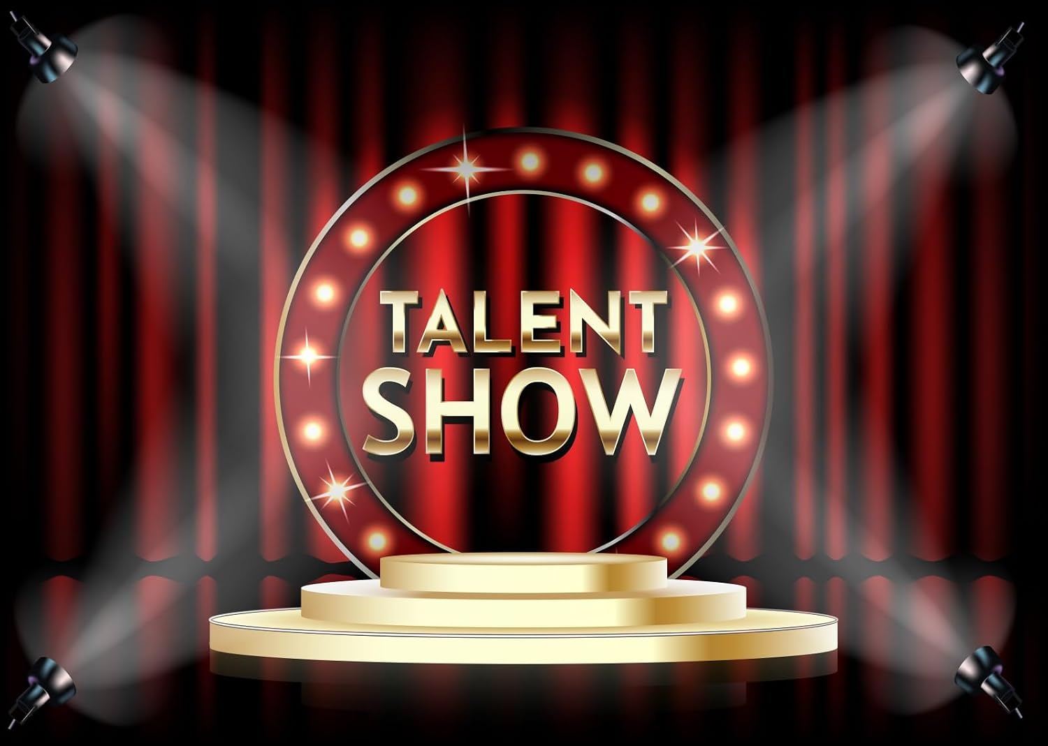 BELECO 20x10ft Fabric Talent Show Backdrop Red Stage Curtain with Spotlight Gold Stage Background Drama Play Talk Show Music Party Decorations Banner Photo Props