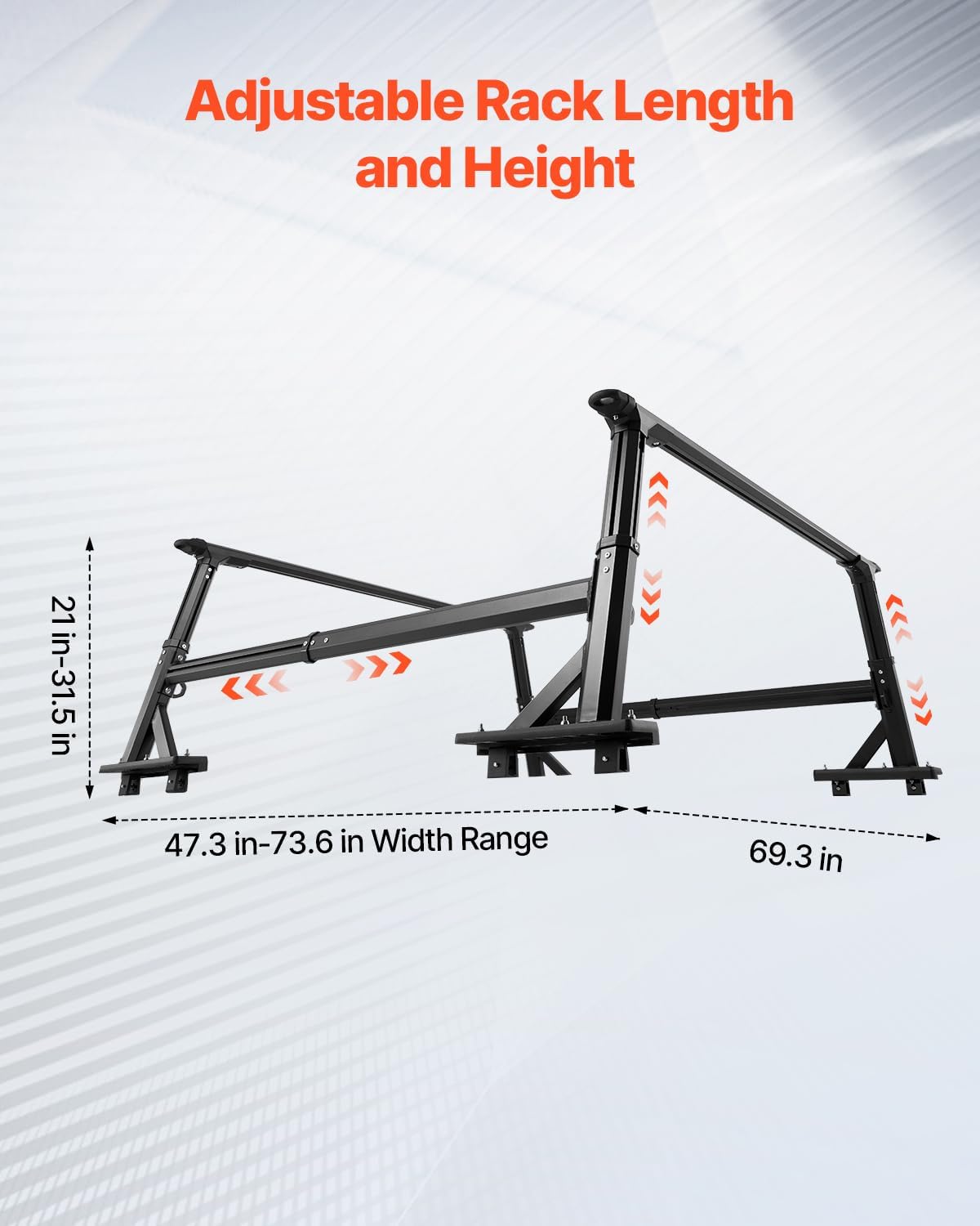 VEVOR Truck Ladder Rack, 21-31.5 in Height, Adjustable Non-Drilling Aluminum Cargo Rack with Sidebar, 800 lbs Static Capacity, Ideal for Canoes, Surfboards, Ladders, Lumber, Tents, and Large Cargo