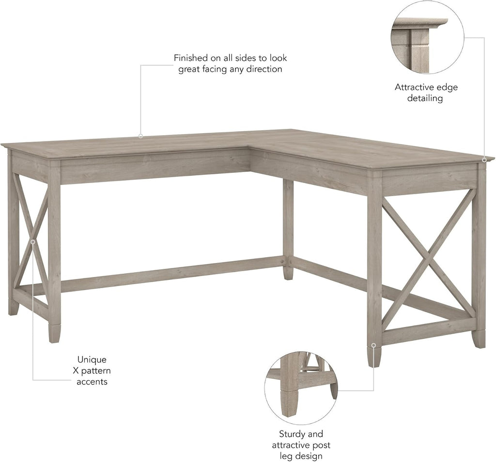 Bush Home Key West 60W Modern Farmhouse L Shaped Desk in Washed Gray, 60-Inch Corner Computer Table for Home Office Workspace