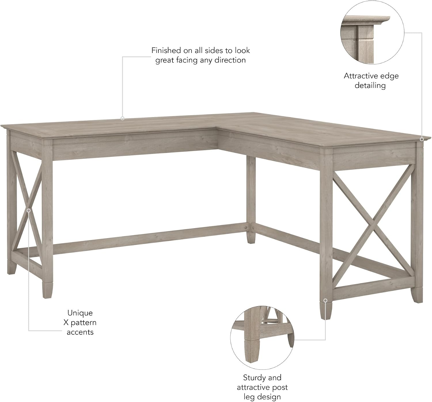 Bush Home Key West 60W Modern Farmhouse L Shaped Desk in Washed Gray, 60-Inch Corner Computer Table for Home Office Workspace