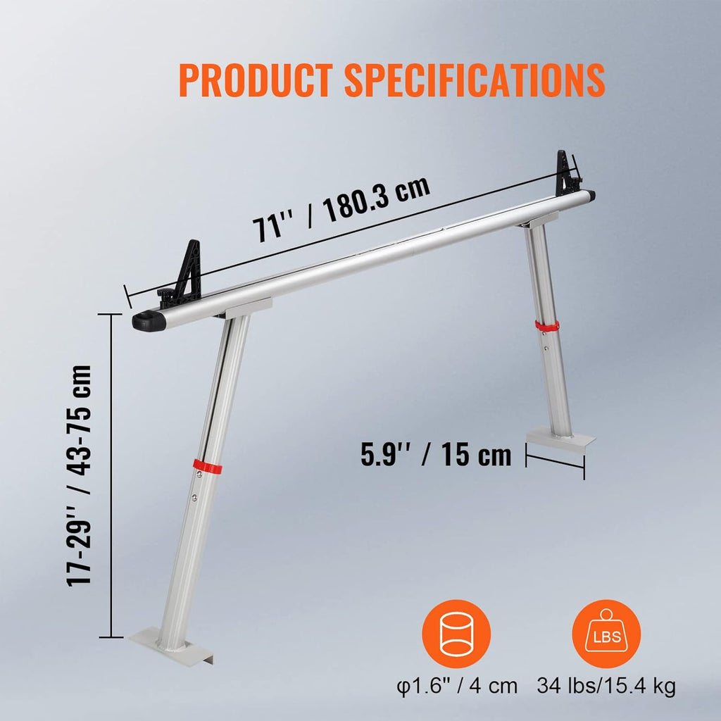 VEVOR Truck Rack with 8 Non-Drilling C-Clamps, 19-34in Adjustable Height Aluminum Ladder Rack for Truck, 800 lbs Capacity Heavy Duty Truck Bed Rack Two-Bar Set for Kayak, Surfboard, Lumber, Ladder