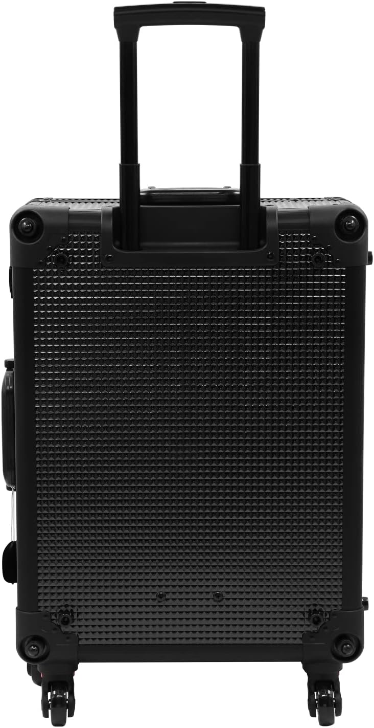 Aluminum Trolley Makeup Train Case with LED Lights Professional Cosmetic Organizer Studio with Speaker, Wheels and Stands Rolling Lighted Makeup Vanity Station for Travel (Black)