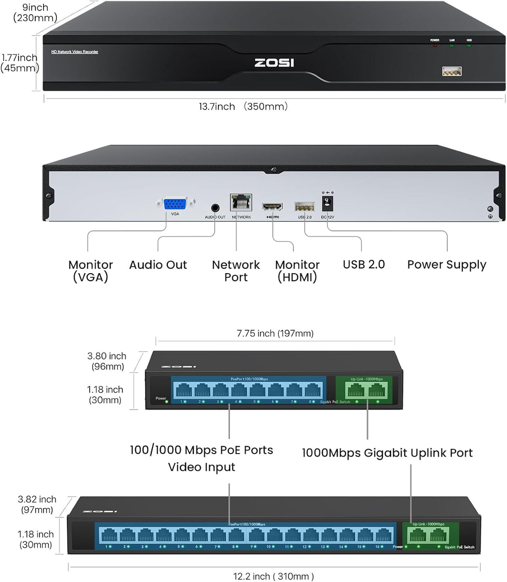 ZOSI 4K 32 Channel PT PoE Security Camera System, Auto Human Tracking, Person Vehicle Detection, 2 Way Audio, 20pcs 8MP Pan/Tilt Spotlight Outdoor Cameras, 32CH 4K NVR with 8TB HDD for 24/7 Recording