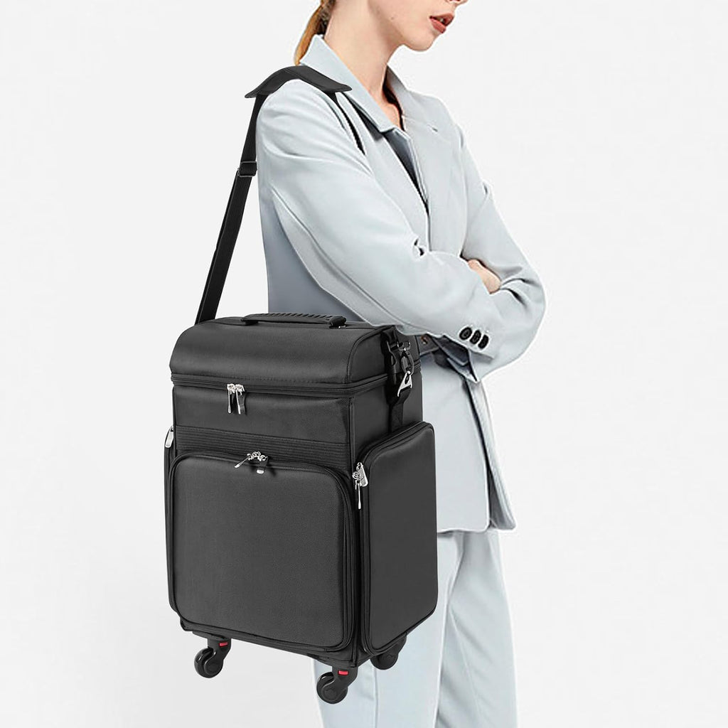 Rolling Makeup Train Case, Professional Soft Sided Makeup Case with Detachable Pouch and Wheels, Trolley Cosmetology Cosmetic Makeup Case for Hairdressing Makeup Tools