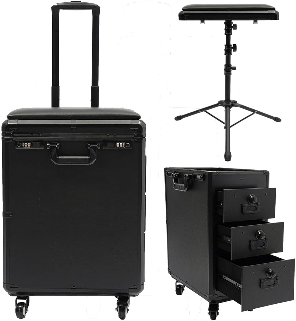 2 in 1 Tattoo Work Station - Manicure Embroidery Hairdressing Travel Case, Beauty Salon Station Suitcase With Lock, Rolling Makeup Trolley With Armrest Stand (Metal)