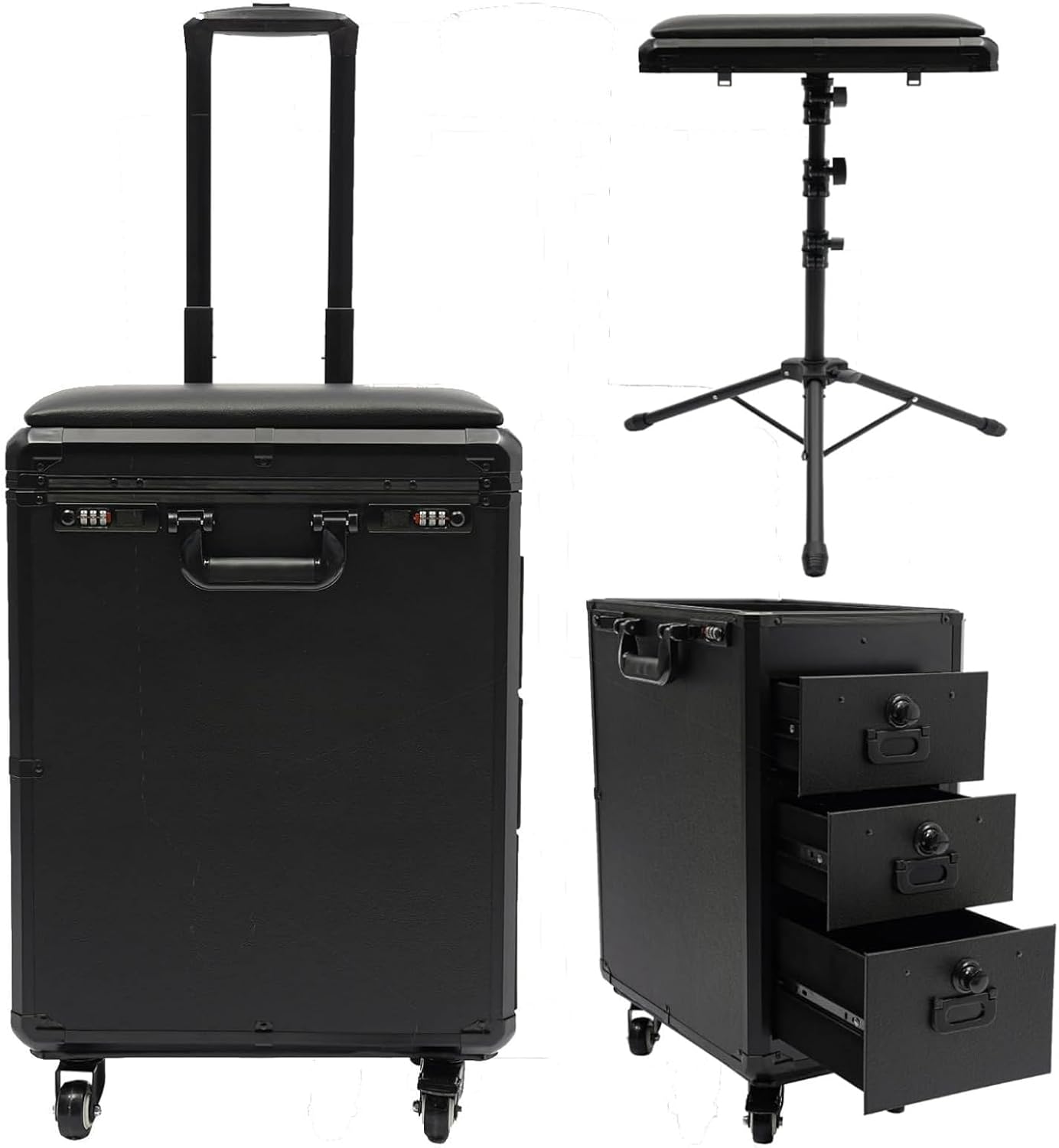 2 in 1 Tattoo Work Station - Manicure Embroidery Hairdressing Travel Case, Beauty Salon Station Suitcase With Lock, Rolling Makeup Trolley With Armrest Stand (Metal)