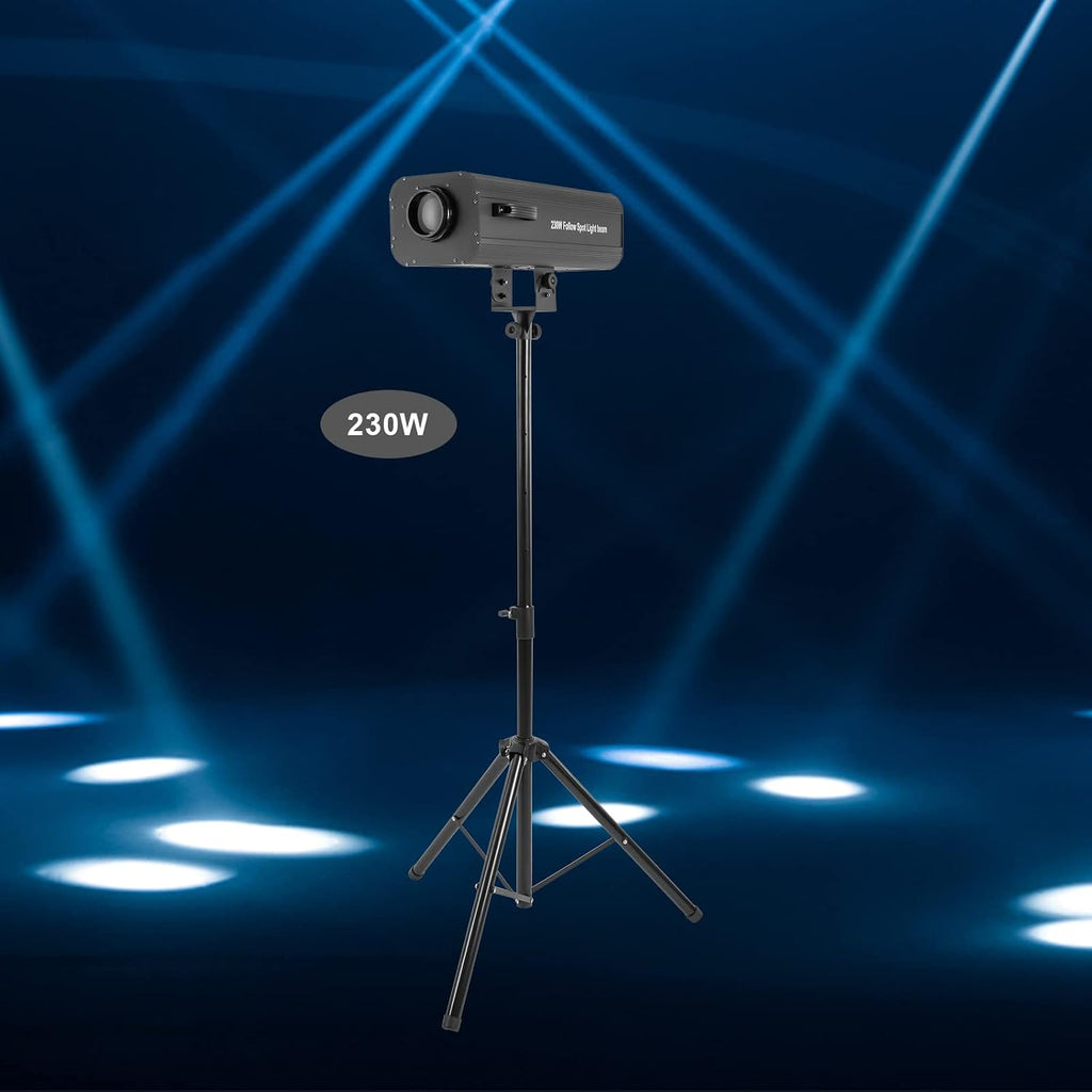 LED Stage Spotlight 230W 110V, DJ LED Lighting Follow Spot with Tripod Bracket Manual Control Follow Spot Light Adjustable Aperture 6 Colors for Party Disco Clubs Stage Effect (230W)