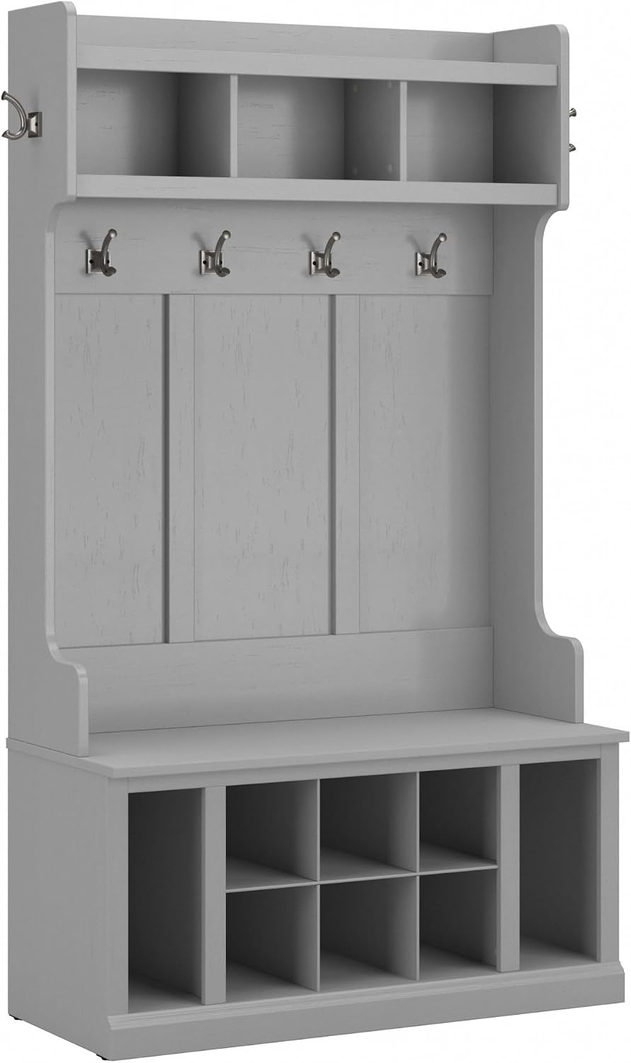 Bush Home Woodland 40W Hall Tree and Shoe Storage Bench with Shelves in Cape Cod Gray, Cubbies and Coat Hooks for Foyer, Mudroom, or Entryway