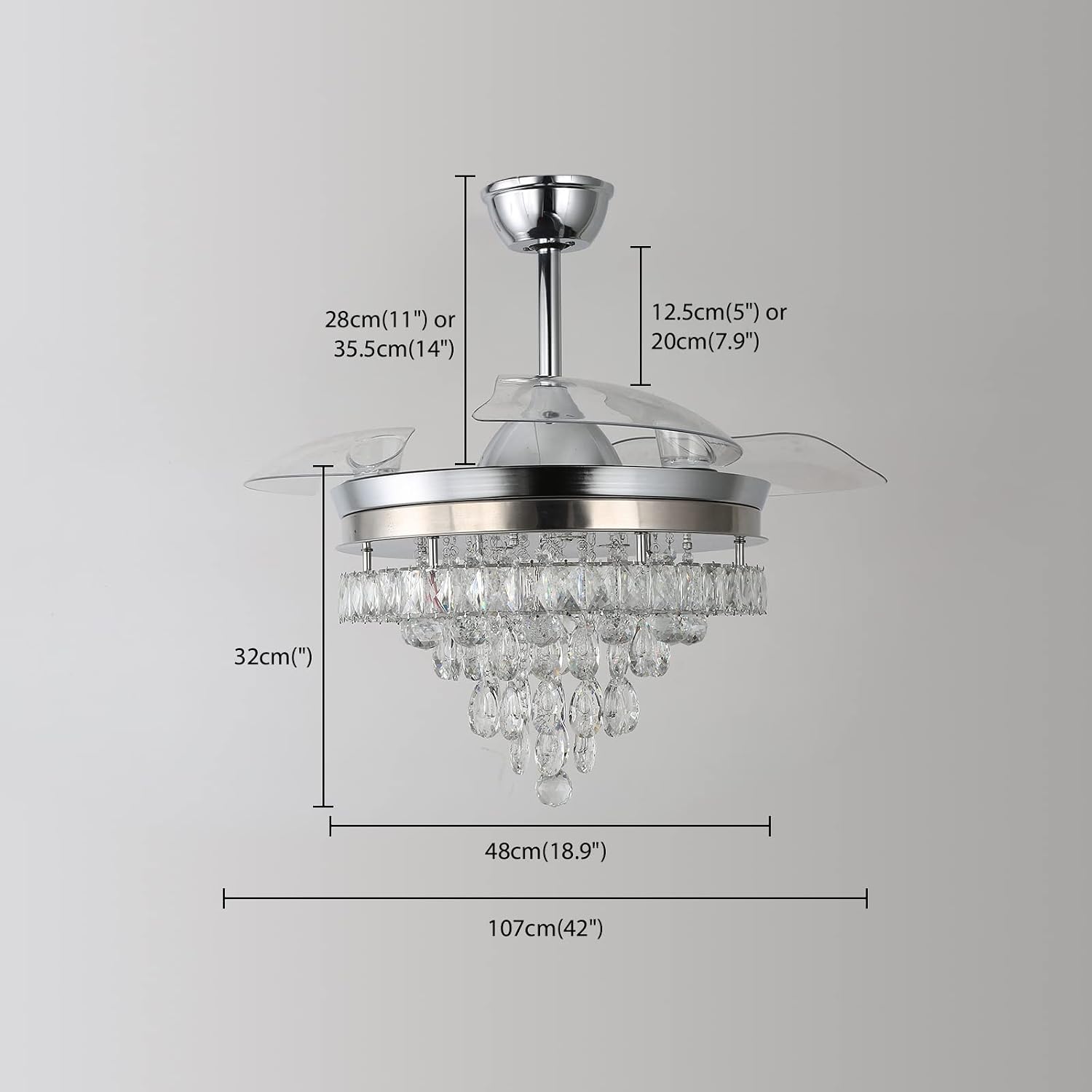 Finktonglan 42' Crystal Fandelier Ceiling Fan with Lights, Retractable Blades, Dimmable 60W LED, Remote & App Control, Quiet Reversible Motor, 6 Speeds & Timer, Downrod Mount for Bedroom/Living Room