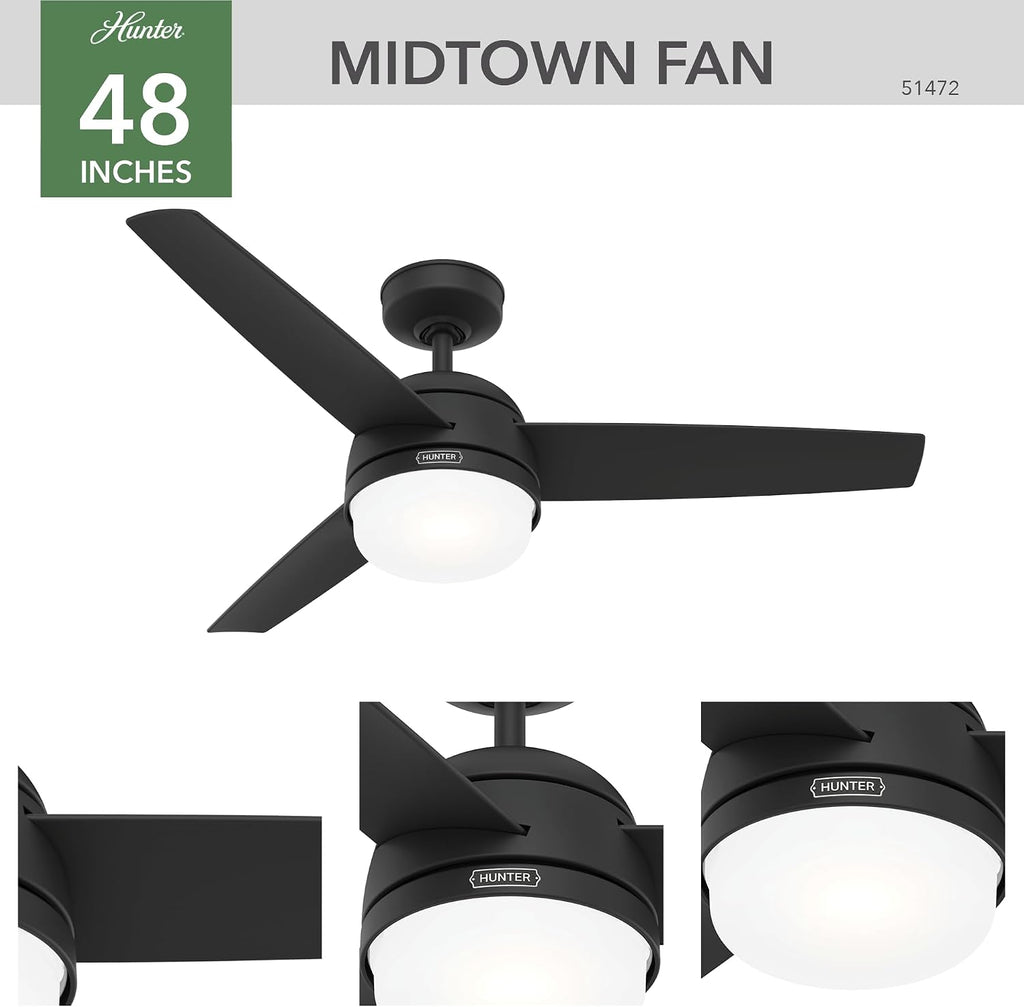 Hunter 48 inch Indoor Ceiling Fan with LED Light and Remote Control - Black Ceiling Fan, Standard Mount, 3 Blades, For Bedroom, Living Room, or Kitchen, Quiet - Midtown 51472, Matte Black