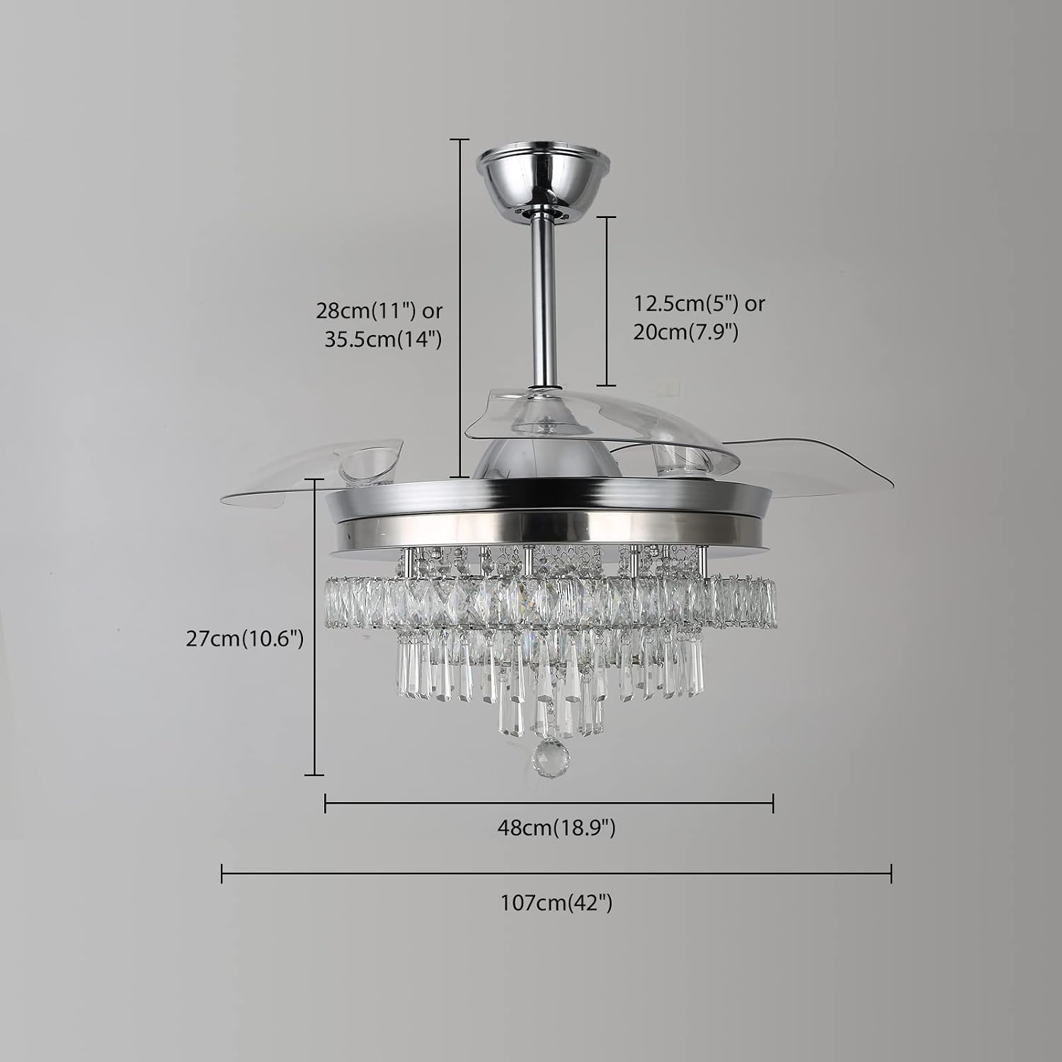Finktonglan 42' Crystal Fandelier Ceiling Fan with Light, Retractable Blades, Dimmable 60W LED, Remote & App Control, Quiet Reversible Motor, 6 Speeds & Timer, Downrod Mount