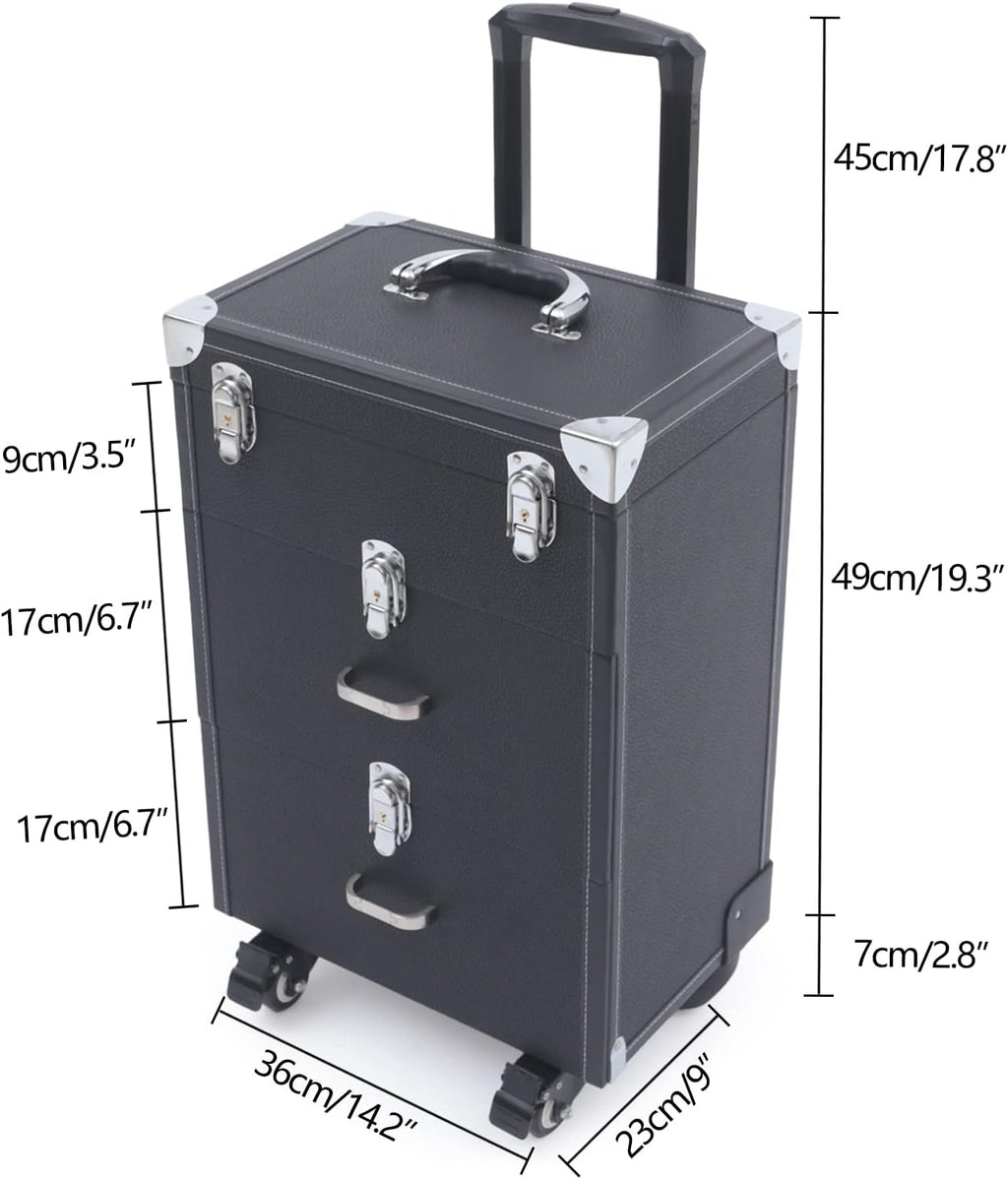 Professional Rolling Makeup Case Train Case Cosmetic Organizer Trolley Lockable Rolling Make-ups Case Storage Cart Makeup Train Case Cosmetology Case On Wheels (Black|3 trays|Type C)