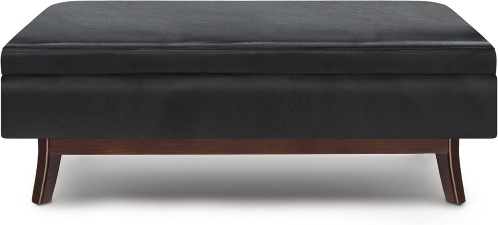 SIMPLIHOME Owen Rectangular Storage Ottoman - 48 inch Wide Upholstered Vegan Leather Lift-Top Ottoman in Midnight Black, Mid-Century Modern Ottoman for Living Room with Tufted Detail