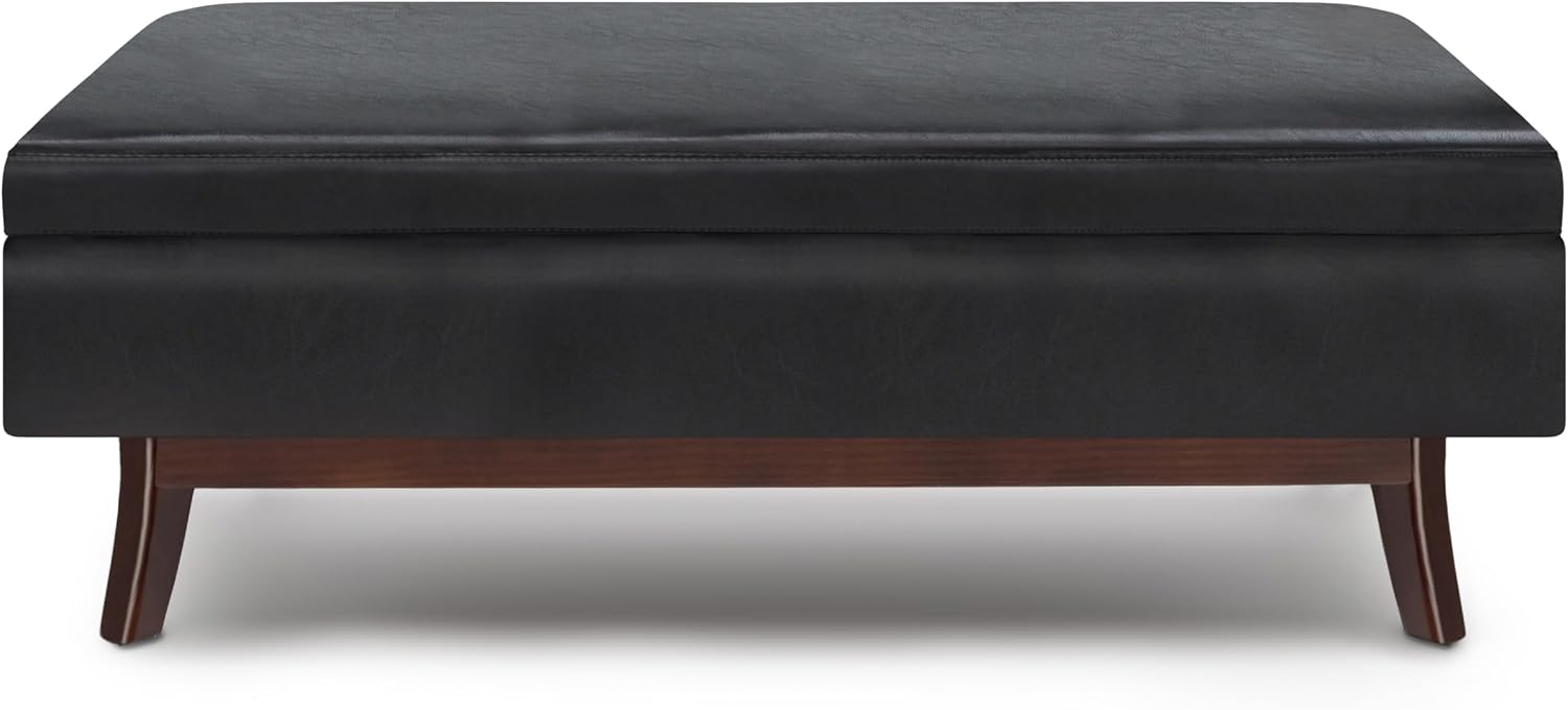 SIMPLIHOME Owen Rectangular Storage Ottoman - 48 inch Wide Upholstered Vegan Leather Lift-Top Ottoman in Midnight Black, Mid-Century Modern Ottoman for Living Room with Tufted Detail
