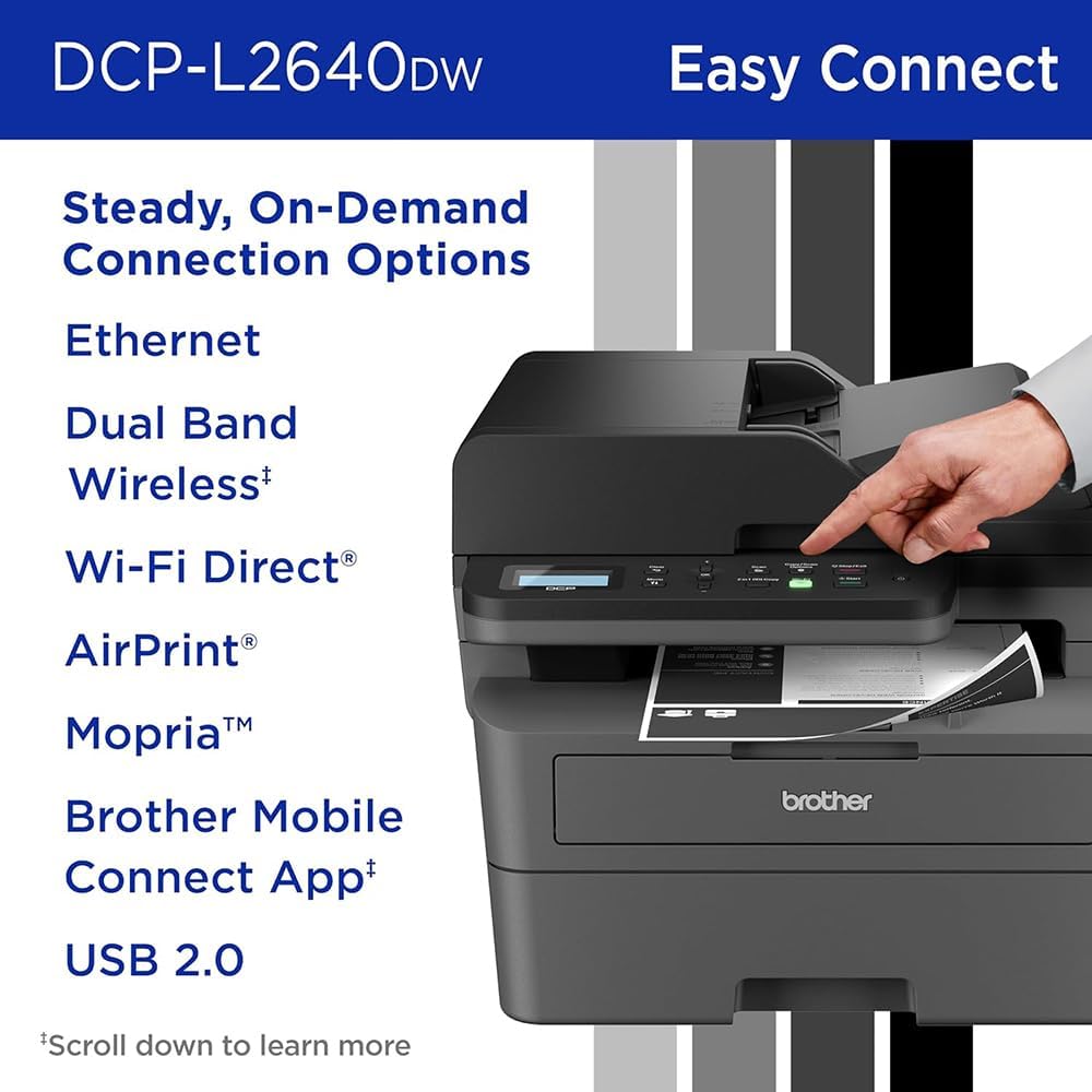 Brother Wireless DCP-L2640DW Compact Monochrome Multi-Function Laser Printer Bundle with 26‑Month Protection Plan, Printer Essentials Digital Download, 6FT HDMI Cable & 6FT USB Type‑A to Type‑B Cable