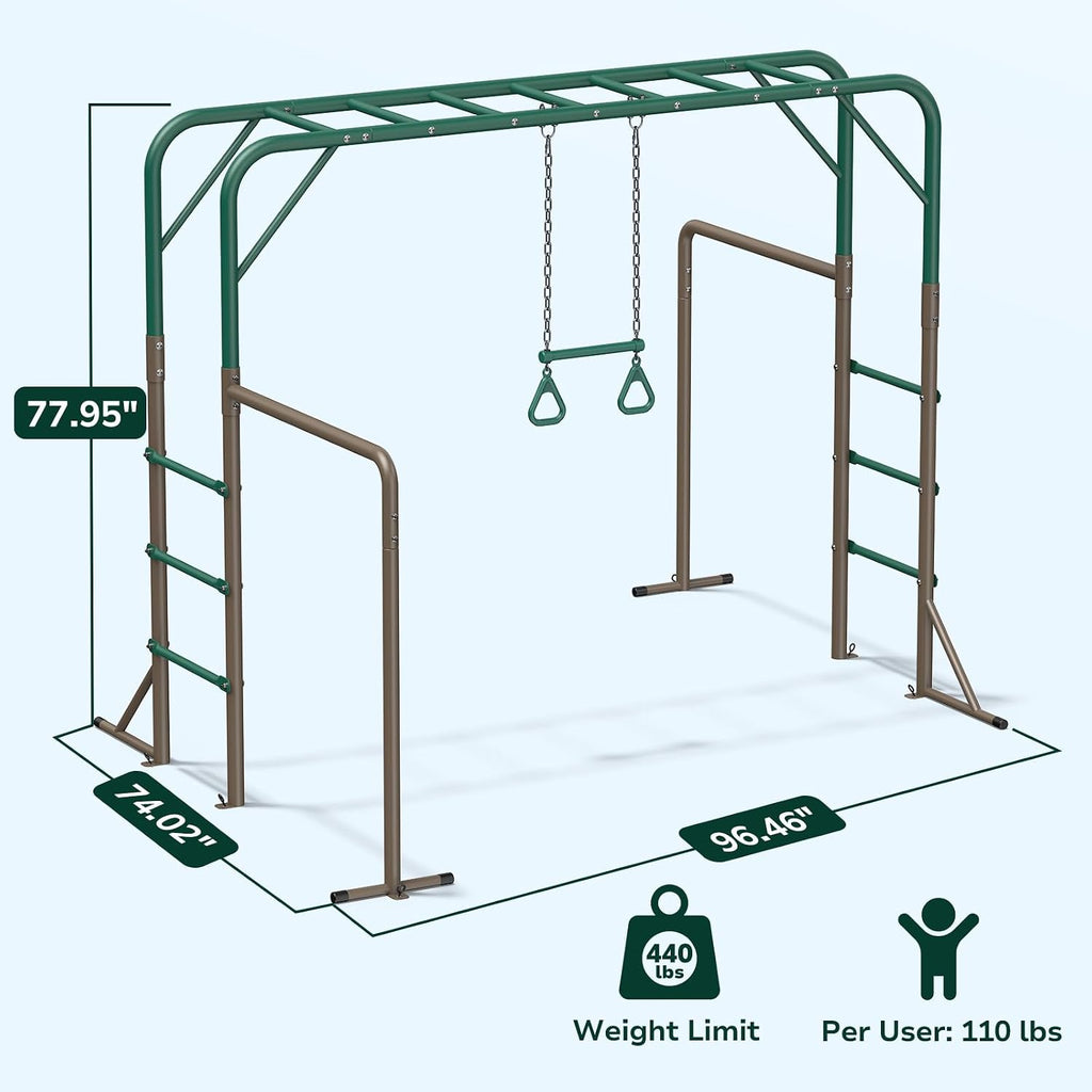 Hapfan Monkey Bars with Gymnastics Bars and Trapeze Swing, 400lbs Heavy Duty Metal Monkey Bar Set for Backyard, Weather-Resistant 3-in-1Outdoor Playset, Space-Smart Design