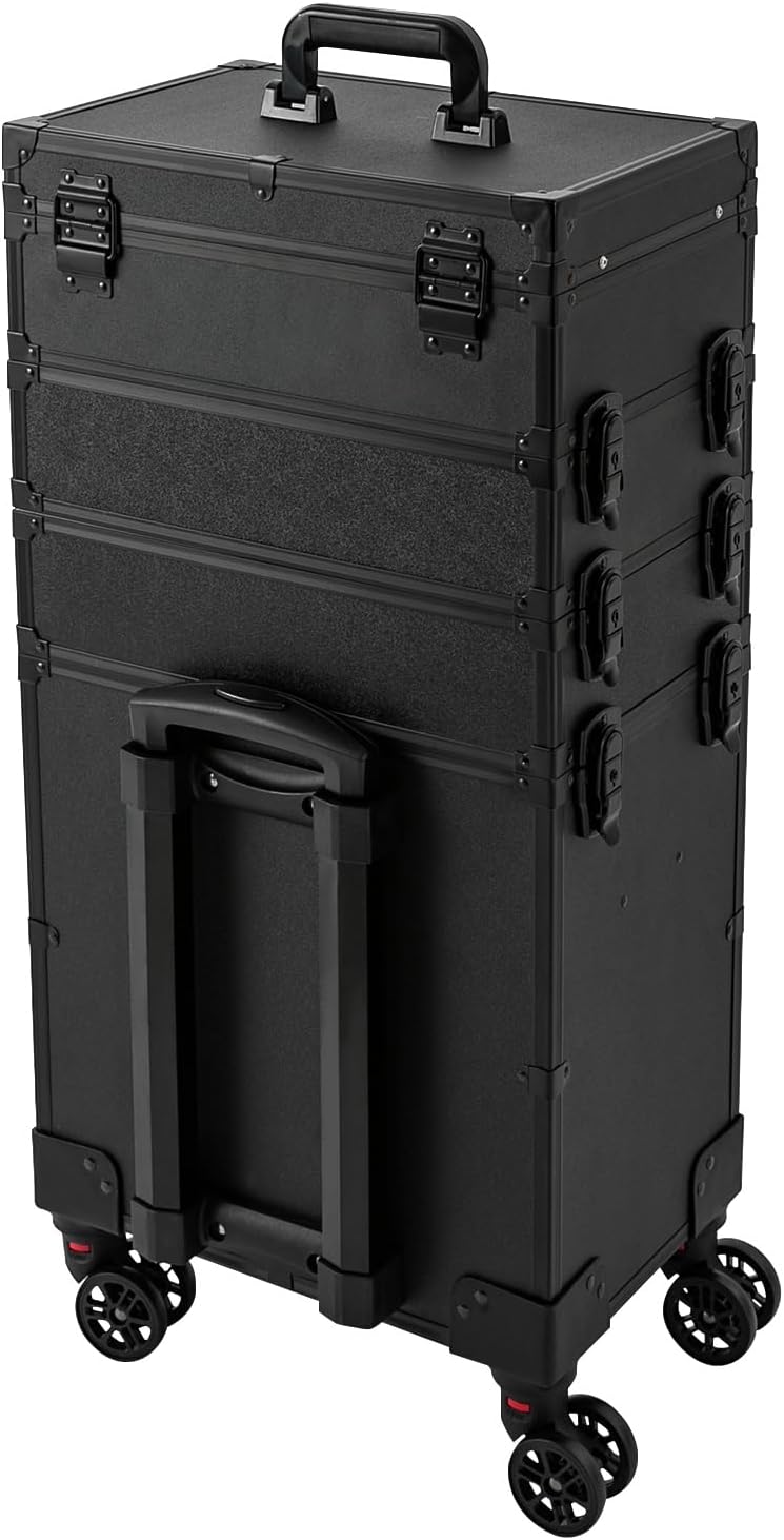 Makeup Train Case, Portable Rolling Trolley Case Makeup Organizer With Lock & Mirror, 5 Tier Large Capacity Makeup Case Organizer With Storage Compartment & 4 LED lights For Make-Up Artists