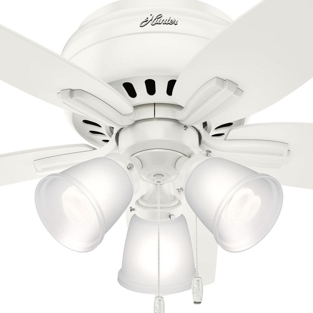 Hunter 42 inch Indoor Ceiling Fan with LED Lights - White Ceiling Fan with Pull Chain, For Bedroom or Living Room, Low Profile Flush Mount, No Remote, 5 Blades - Newsome 51077, Fresh White