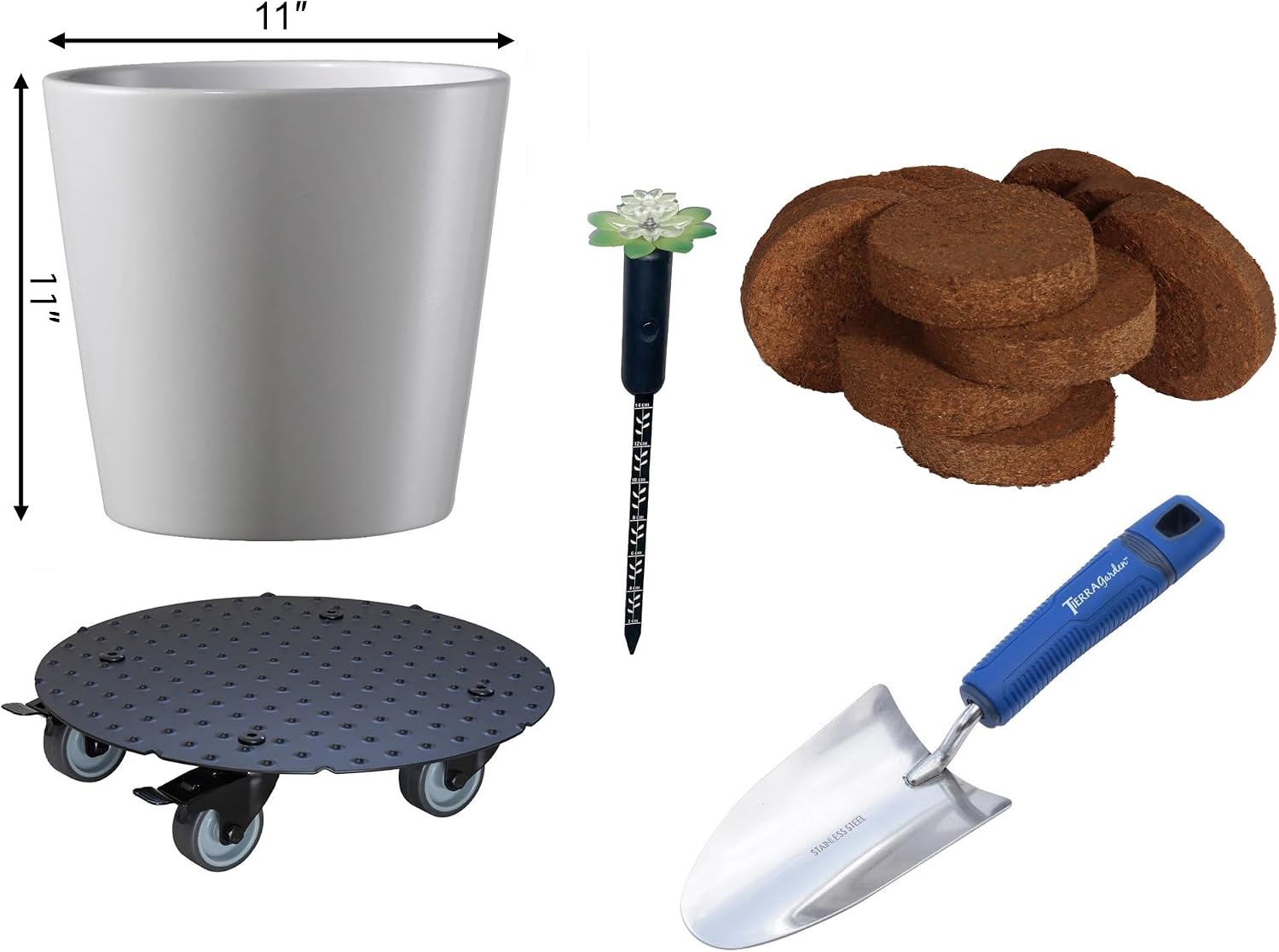Indoor Gardening Essentials Kit – Dallas Esprit 11' Dia Ceramic Pot, Rolling Caddy, Stainless Trowel, Coir Discs & Moisture Meter