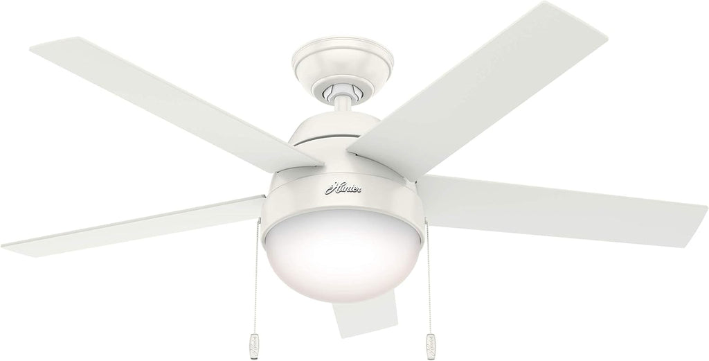 Hunter 46 inch Indoor Ceiling Fan with LED Light - White Ceiling Fan with Pull Chain, For Bedroom, Living Room, or Kitchen, Standard Mount, No Remote, 5 Blades - Anslee 59266, Fresh White