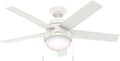 Hunter 46 inch Indoor Ceiling Fan with LED Light - White Ceiling Fan with Pull Chain, For Bedroom, Living Room, or Kitchen, Standard Mount, No Remote, 5 Blades - Anslee 59266, Fresh White
