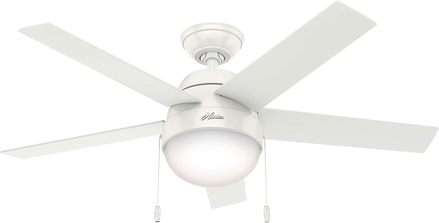 Hunter 46 inch Indoor Ceiling Fan with LED Light - White Ceiling Fan with Pull Chain, For Bedroom, Living Room, or Kitchen, Standard Mount, No Remote, 5 Blades - Anslee 59266, Fresh White