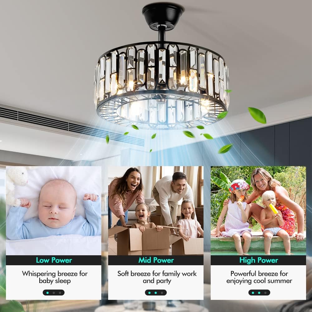 18' Modern Enclosed Bladeless Ceiling Fan with Light and Remote, Industrial Black Caged Fandelier 3 Speeds Timer Crystal Chandelier Fan for Farmhouse Kitchen Island