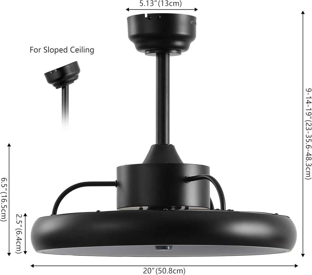 Oval AIR Loren 20' Small Smart Ceiling Fan with Light, Semi Flush Mount, Quiet 6-Speed Reversible Motor, Dimmable LED, Adjustable CCT, App & Remote Control, Modern, Black AIR8002B