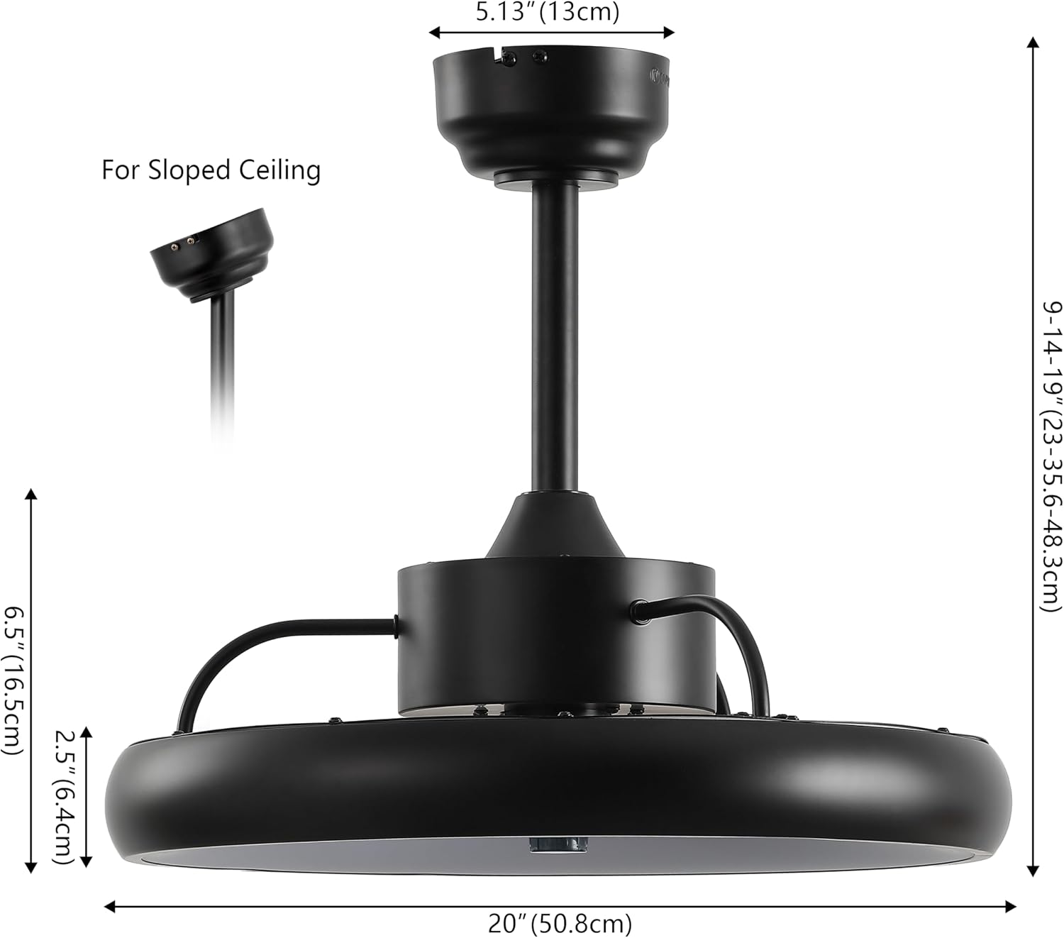 Oval AIR Loren 20' Small Smart Ceiling Fan with Light, Semi Flush Mount, Quiet 6-Speed Reversible Motor, Dimmable LED, Adjustable CCT, App & Remote Control, Modern, Black AIR8002B