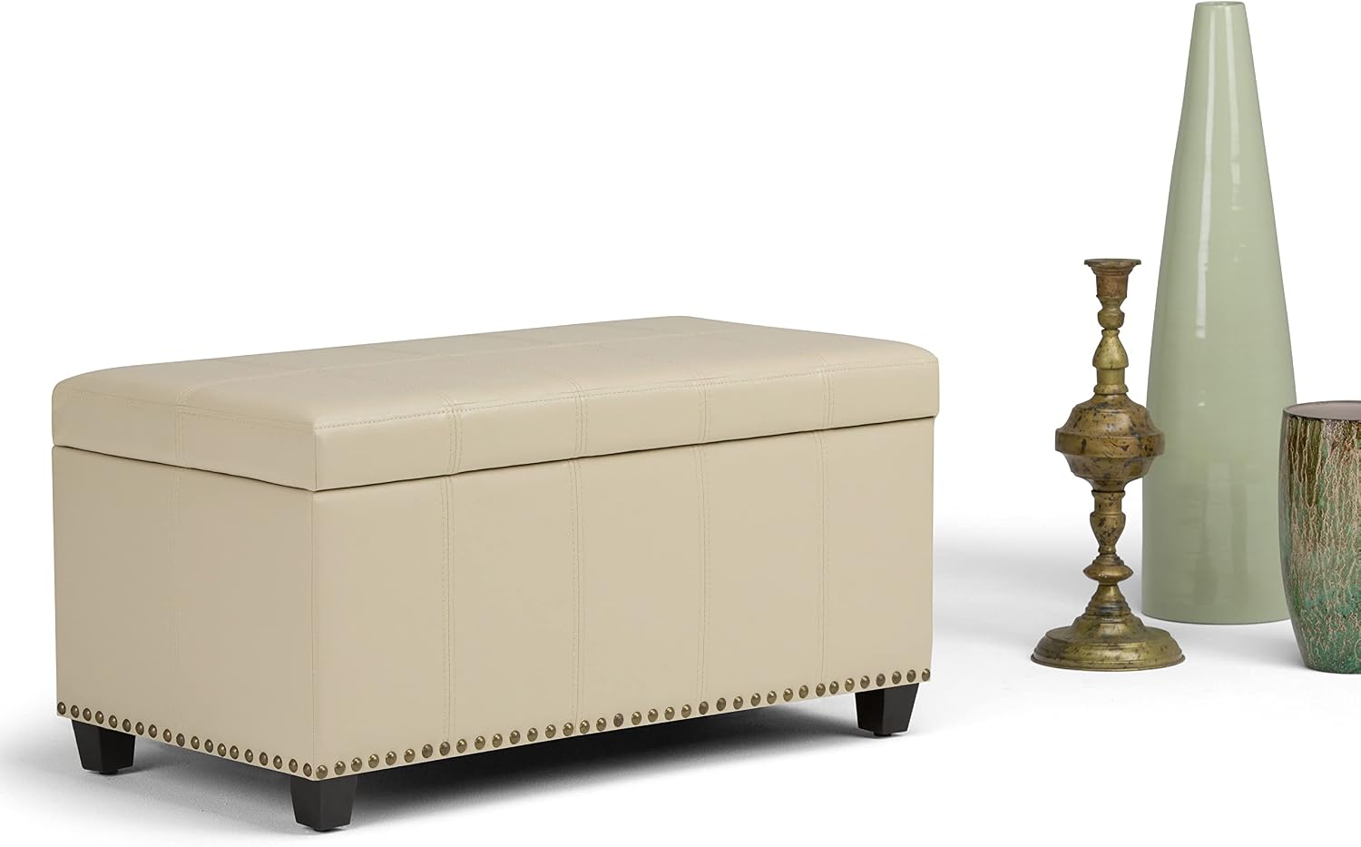 SIMPLIHOME Amelia Storage Ottoman - 33 inch Wide Vegan Leather Rectangle Storage Ottoman Bench in Satin Cream, Transitional Ottoman for Living Room with Nailhead Trim and Lift-Up Lid