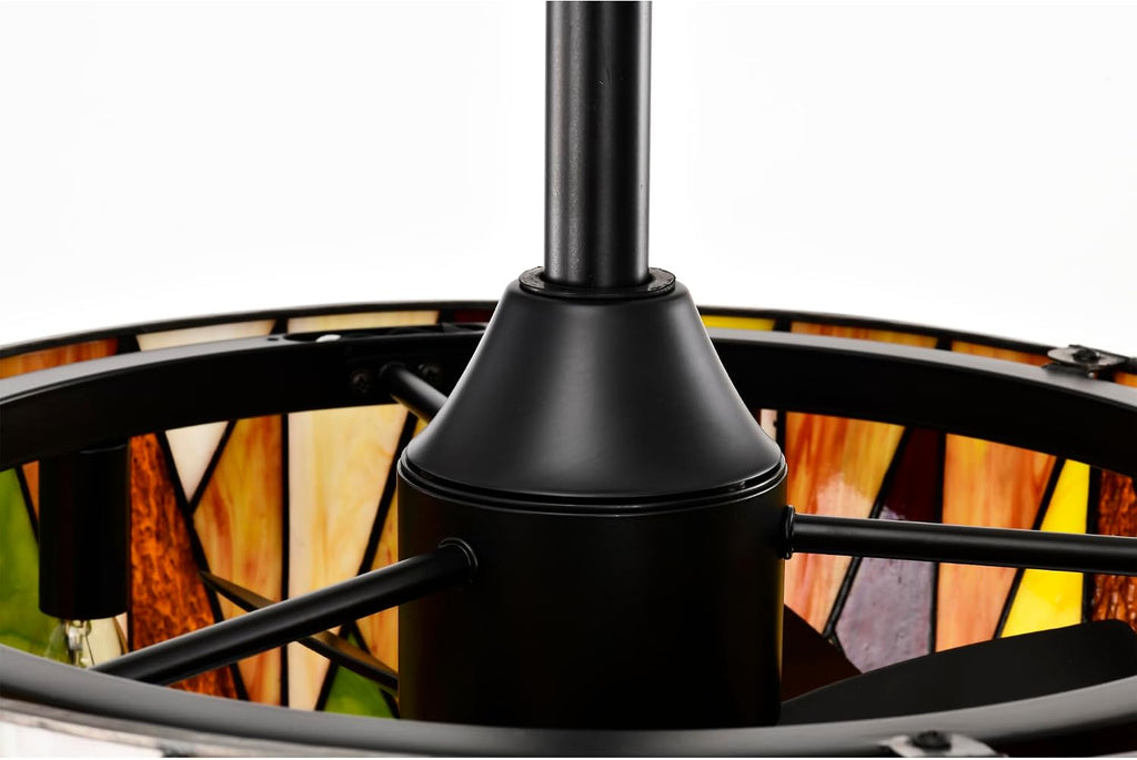 Svenja Black Lighted Ceiling Fan with Multi-Colored Earth Tones Tiffany Style Glass Shade Fandelier with Remote