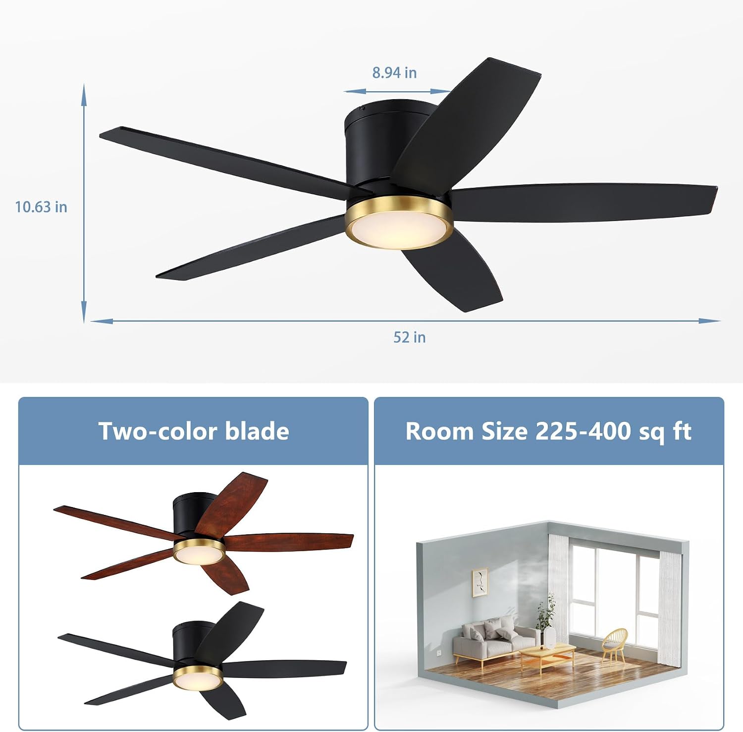 52 Inch Low Profile Ceiling Fan with Light and Remote, Black and Gold Flush Mount Ceiling Fan with Light, Indoor Modern Hugger Fan with Light Fixture and Timer Setting, 3CCT, Bedroom, Dining Room