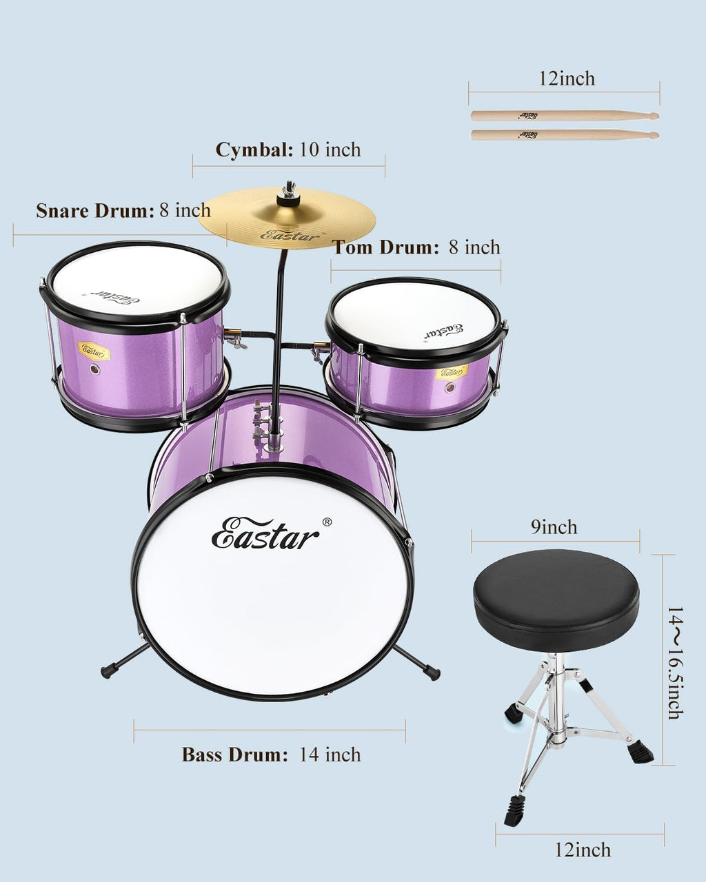 Eastar Drum Set 14 inch for Beginners,3 Piece Junior Drum Kit with Bass Tom Snare Drum,Adjustable Throne, Cymbal, Pedal & Two Pairs of Drumsticks, Metallic Purple