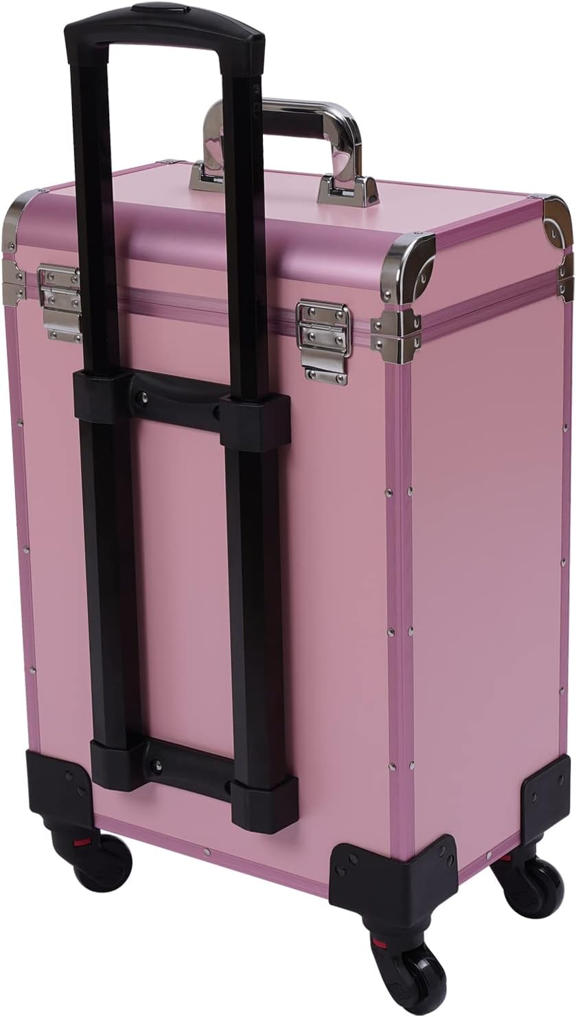 Professional Rolling Makeup Case Train Case Cosmetic Organizer Trolley Lockable Rolling Make-ups Case Storage Cart Makeup Train Case Cosmetology Case On Wheels (Pink|3 trays|Type B)
