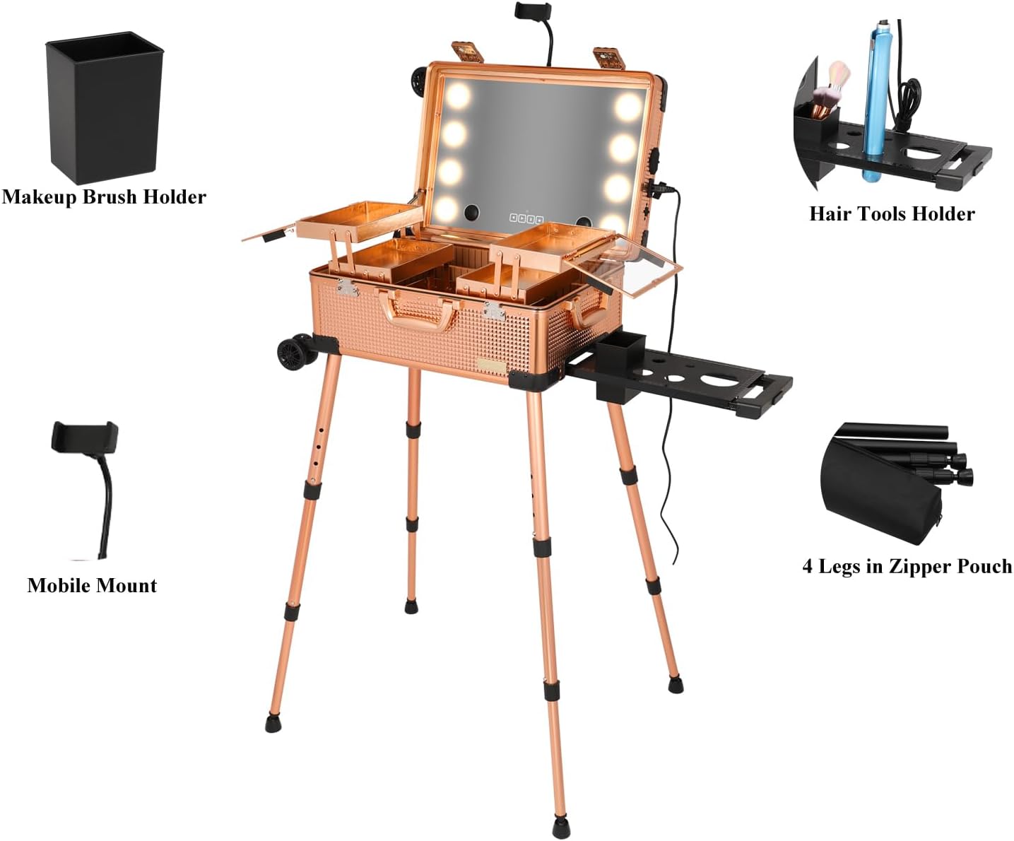 20' Aluminum Ligthed Makeup Train Case with LED Lights Professional Cosmetic Organizer Studio with Speaker, Wheels and Stands Rolling Trolley Makeup Vanity Station for Travel (Rose Gold)