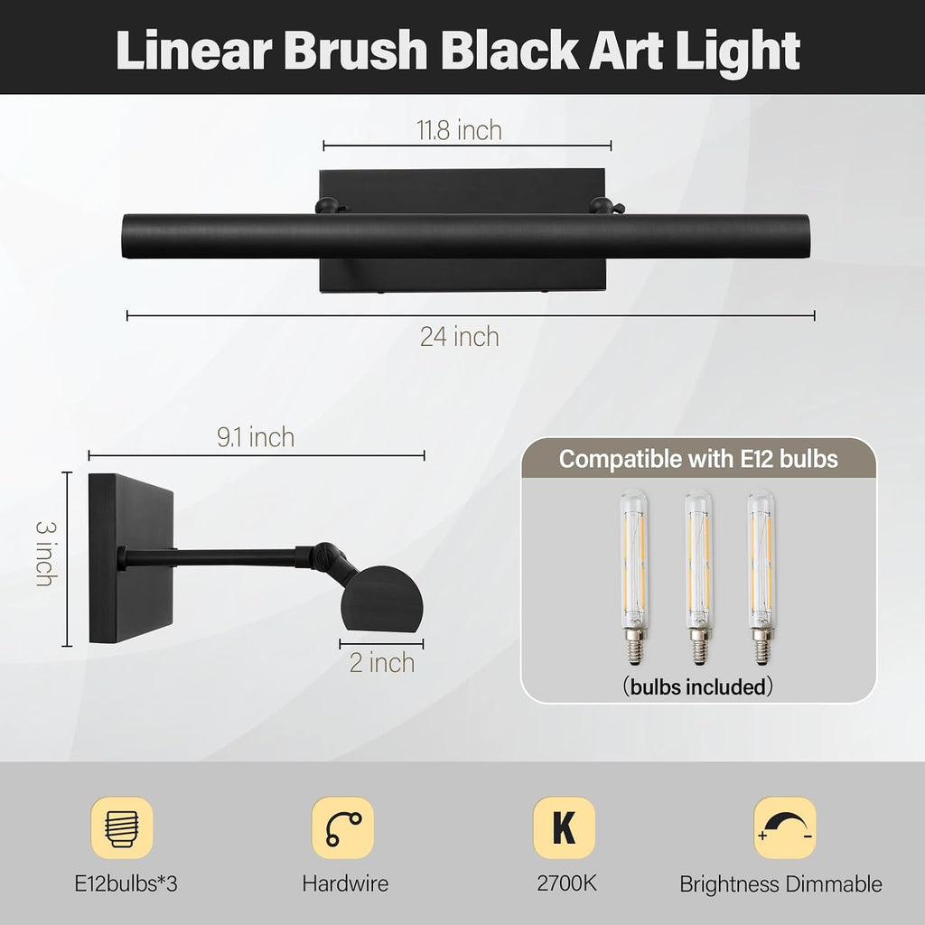 Art Picture Frame Wall Light: 24' Black Dimmable Vintage Artwork Brass Painting Spotlight - Hardwired Swing Arm Rotatable 3 Lights over Pictures - Linear Accent Lighting above Photo for Gallery Museum