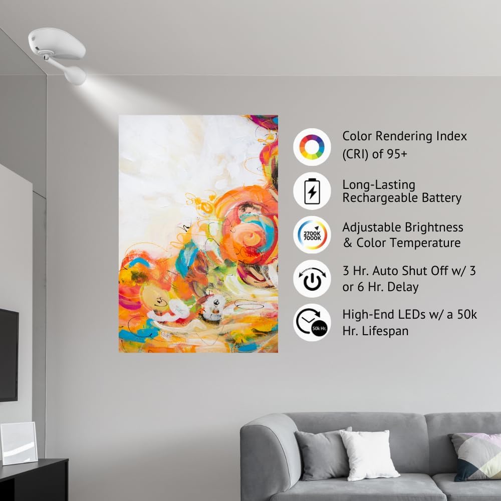 Method Lights Wireless LED Picture Light, Wireless Ceiling Mounted Spotlight for Artwork, Painting, Photo Display, Remote Control, 11 Color Temperature Settings, Dimmer, Timer, Rechargeable Battery