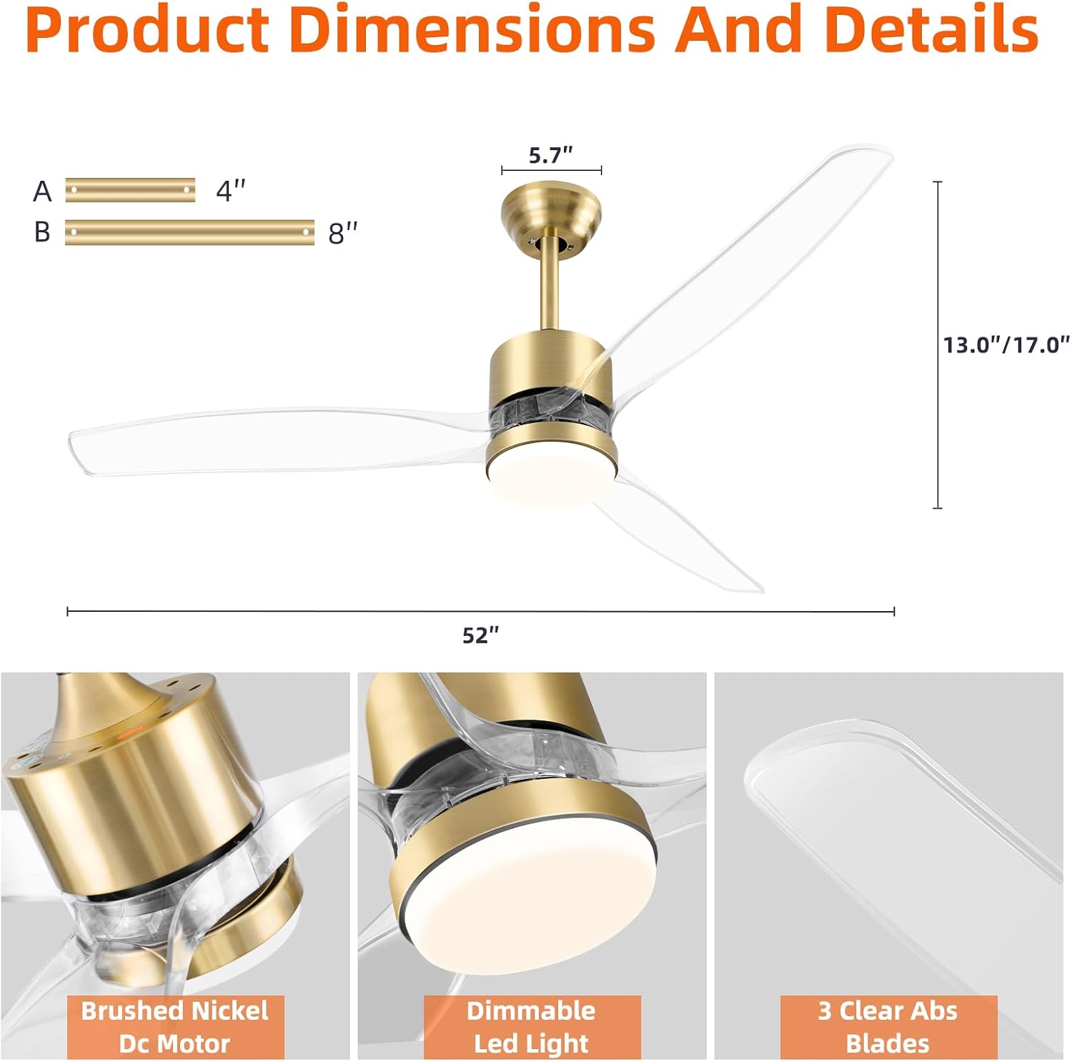OKELI 52' Smart Ceiling Fan with Light, WiFi Enabled for Alexa & App Control, Reversible Gold Modern Ceiling Fan with Dimmable LED Light and Remote, Clear Blades for Living Room Bedroom