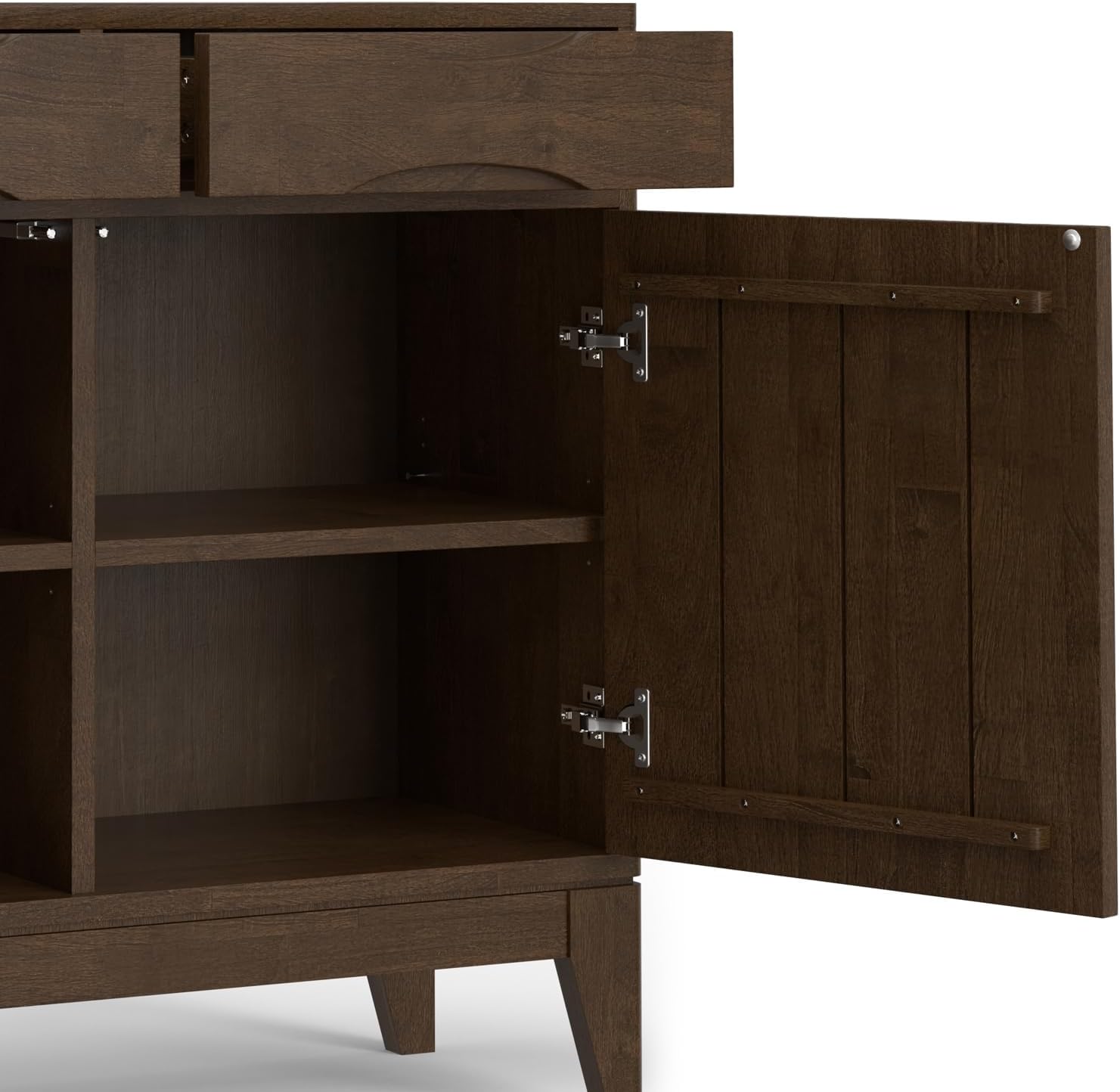 SIMPLIHOME Harper Storage Cabinet - 40 inch Wide Solid Wood Medium Storage Cabinet in Walnut Brown, Mid-Century Modern Cupboard for Entryway or Dining Room with Drawers, Tapered Legs, and Shelves