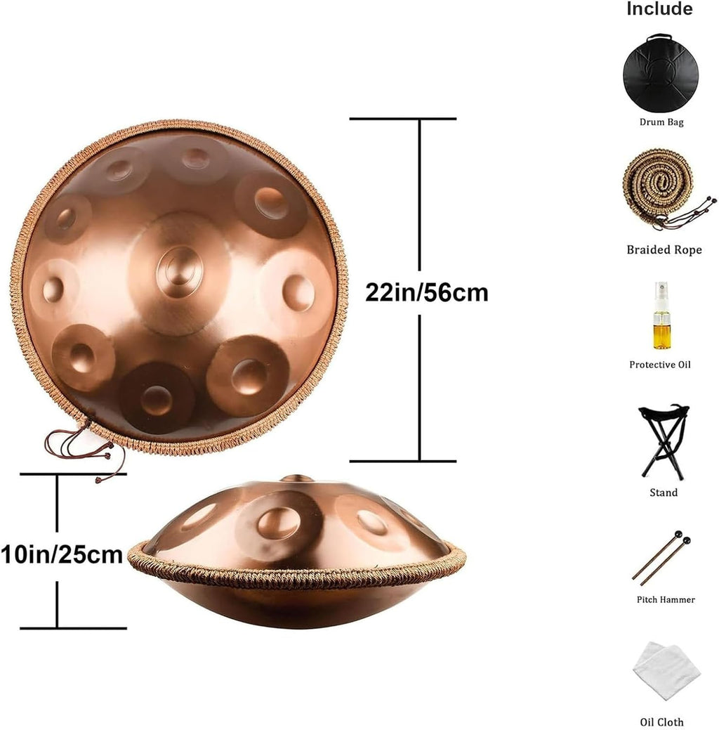 Handpan Drum 432Hz/440Hz, 22 Inch 9/10/12 Notes Tongue Drums, Steel Percussion Instrument with Stand, Professional Hand Pan Set for Meditation Yoga Sound Healing Music Therapy(Brown,432HZ/10Note)