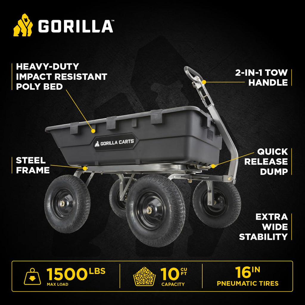 Gorilla Carts Heavy-Duty Poly Yard Dump Cart, 10 Cu Ft Tub, 1500 lb Haul Capacity, Black – Towable Utility Wagon with Quick-Release Dumping & Pneumatic Tires for Landscaping and Gardening
