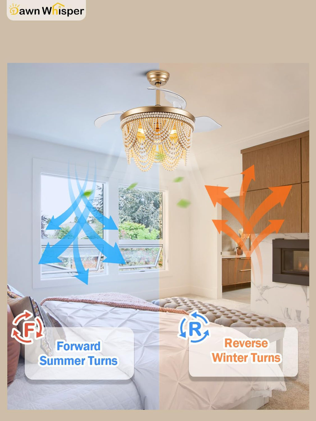Dawn Whisper Gold Retractable Ceiling Fan with Lights 42 Inch Wood Beaded Boho Chandelier with Fan Farmhouse Style Fandelier for Bedroom Living Room