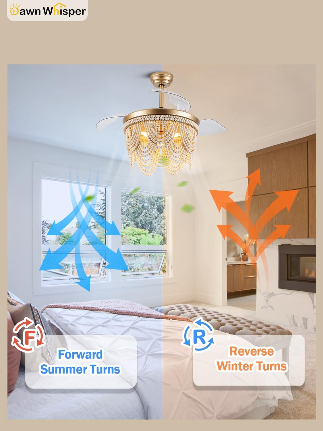 Dawn Whisper Gold Retractable Ceiling Fan with Lights 42 Inch Wood Beaded Boho Chandelier with Fan Farmhouse Style Fandelier for Bedroom Living Room