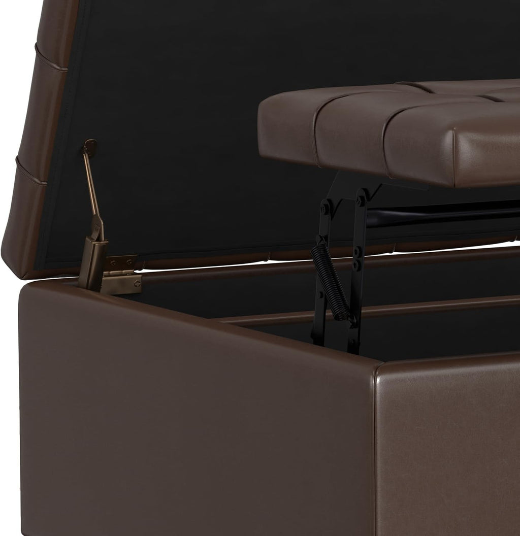 SIMPLIHOME Harrison Small Coffee Table Storage Ottoman - 30 inch Wide Upholstered Vegan Leather Square Lift-Top Ottoman in Chocolate Brown, Transitional Ottoman for Living Room with Hidden Storage