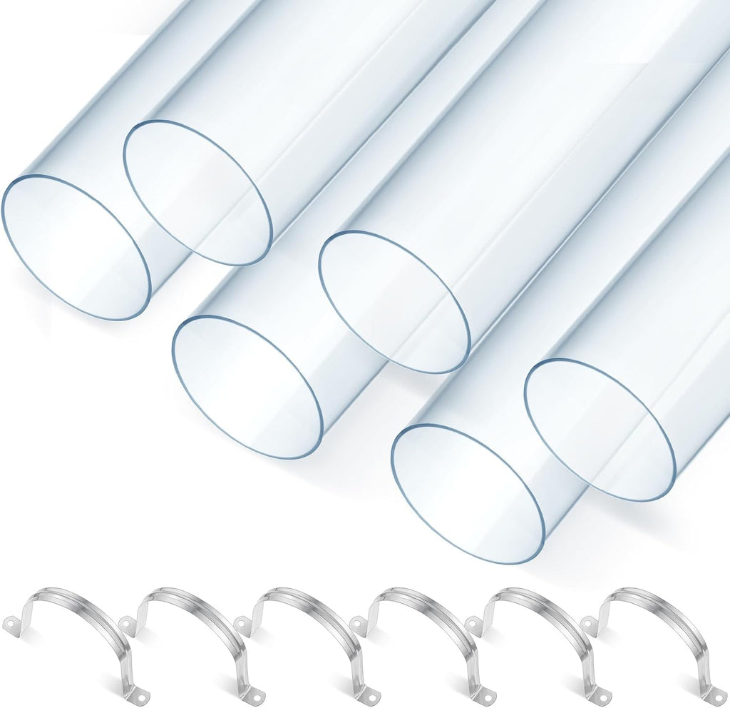 Sasylvia 6 Sets Dust Collection Clear PVC Pipe 4 x 36 Inches Long Rigid Clear Tube with Rigid Strap Clamp Heavy Duty Unbreakable Plastic Pipe Stainless Steel U Bracket for Dust Collection