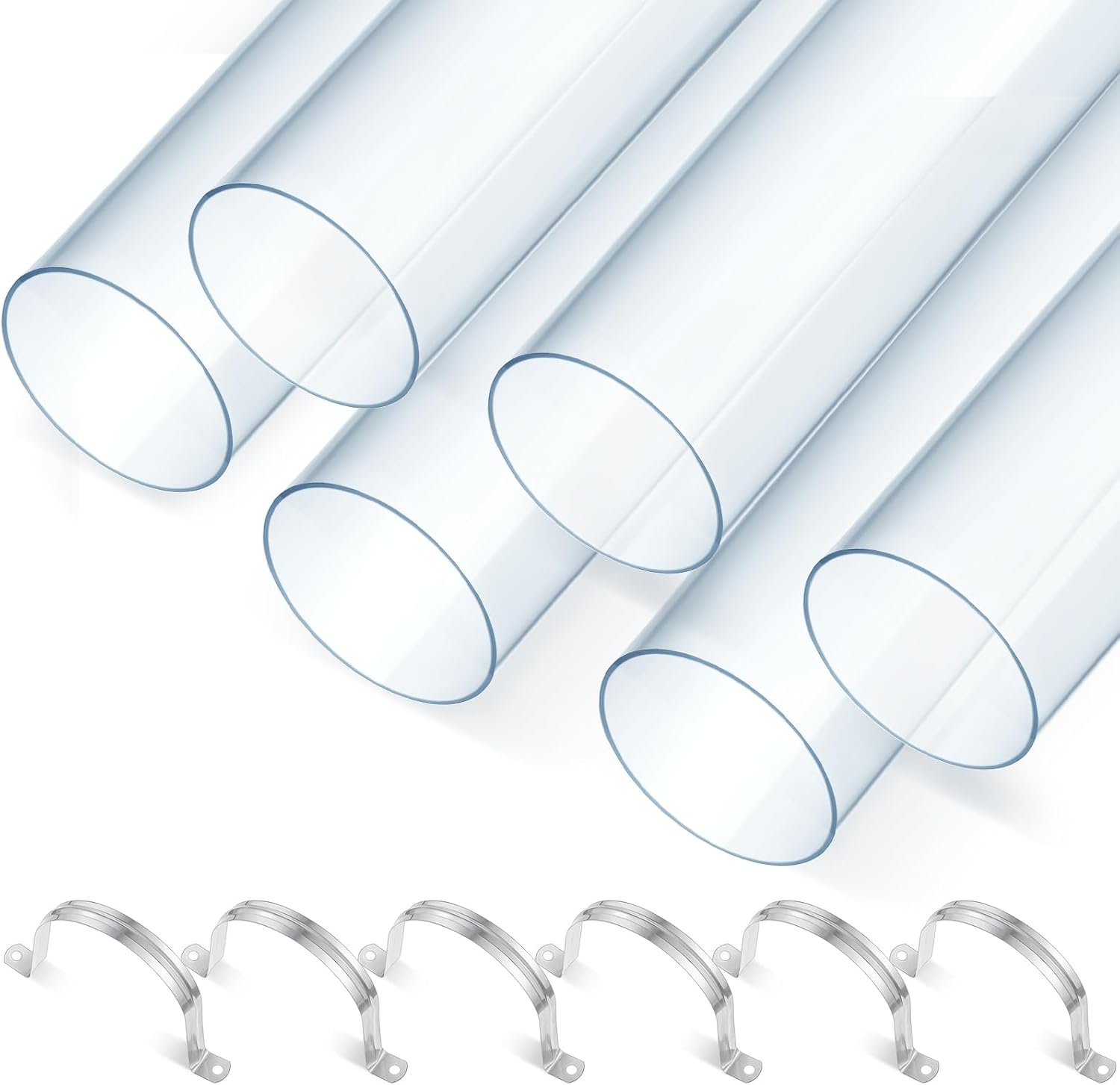 Sasylvia 6 Sets Dust Collection Clear PVC Pipe 4 x 36 Inches Long Rigid Clear Tube with Rigid Strap Clamp Heavy Duty Unbreakable Plastic Pipe Stainless Steel U Bracket for Dust Collection