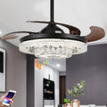 42' Modern Crystal Chandelier Ceiling Fans with Lights Remote Control, Black Rectractable Blade Fandelier with Bluetooth Speaker Forward Reverse 6 Speeds 7 Dimmable for Living Room Bedroom