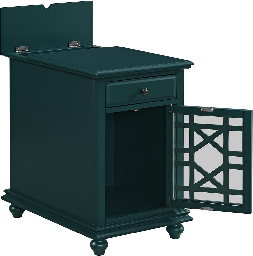 Martin Svensson Home Elegant Chairside End Table with Power — 24″W x 16″D x 25″H, Seamoss Green — Transitional Painted Accent Table with Flip-Top USB Charging, Drawer & Cabinet Storage