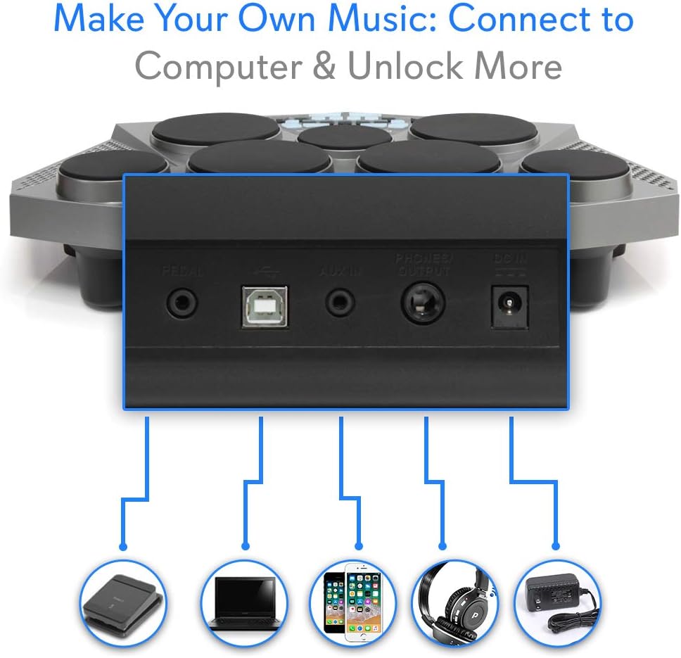 Pyle Pro Electronic Drum kit - Portable Electric Tabletop Drum Set Machine with Digital Panel, 7 Drum Pad, Hi-Hat / Kick Bass Pedal Controller USB AUX -Tom Toms, Hi-Hat, Snare Drums, Cymbals - PTED06