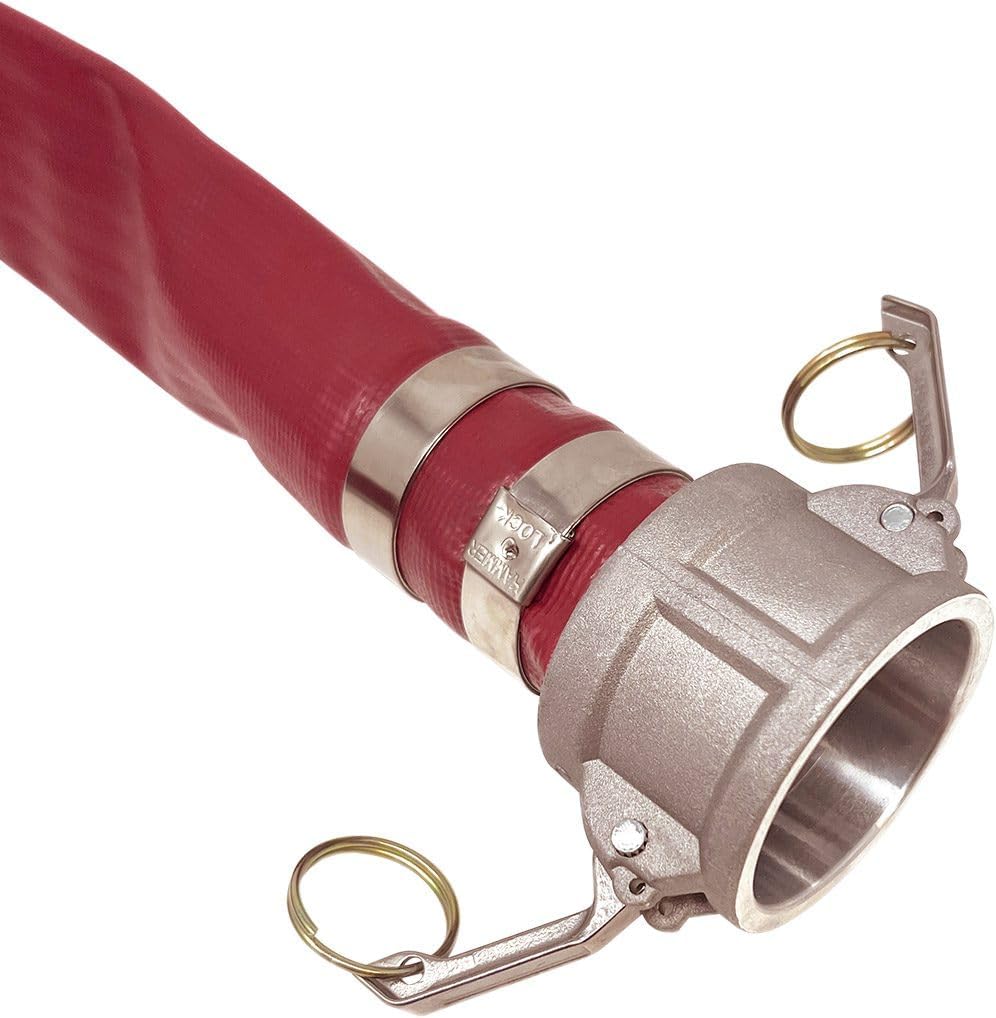 Gloxco 3' x 25′ Red Heavy Duty Lay Flat PVC Discharge Hose Assembly with Aluminum Cam and Groove C and E Fittings